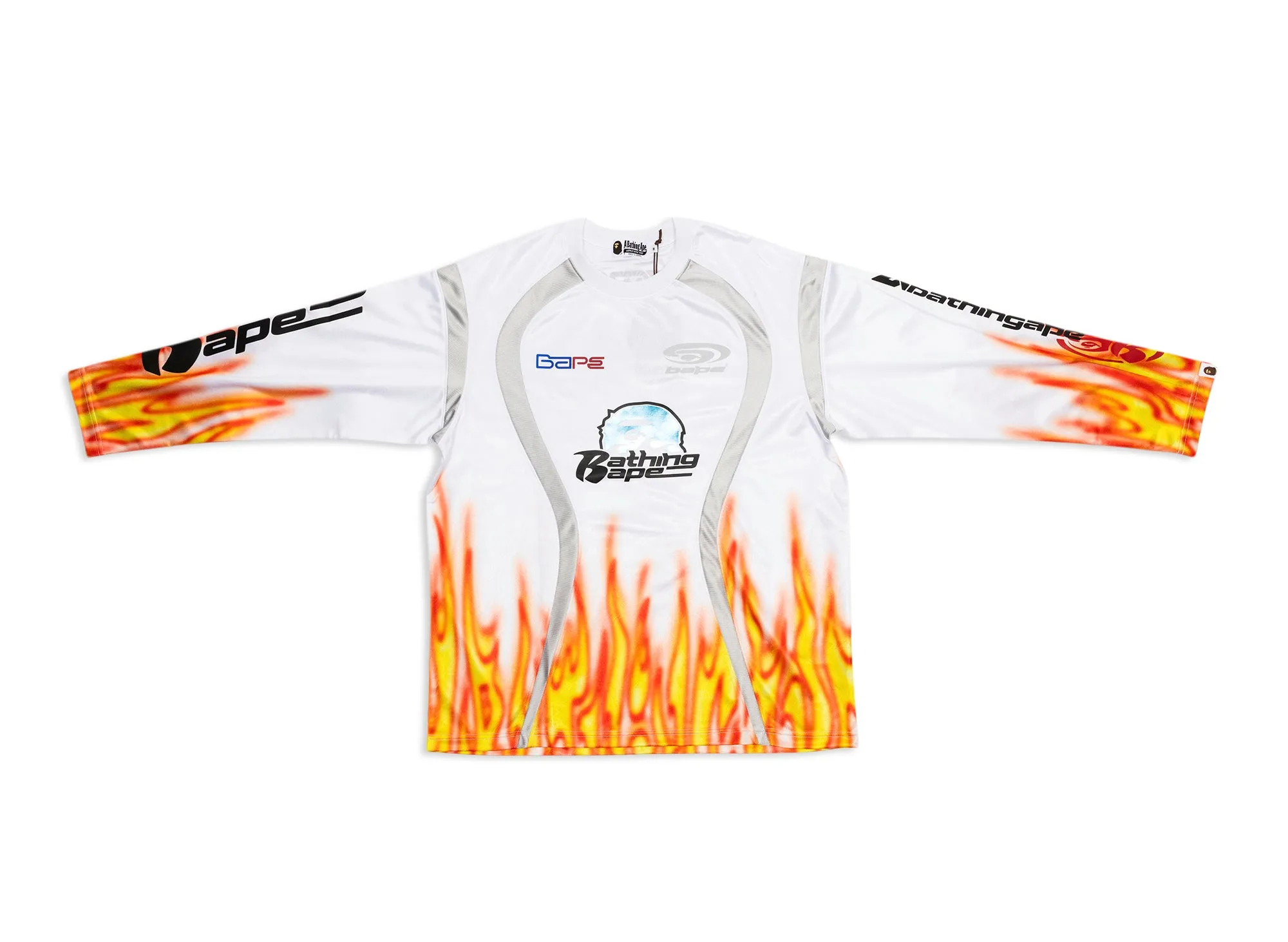 A Bathing Ape Flame Pattern Relax Fit Football Jersey in White xld