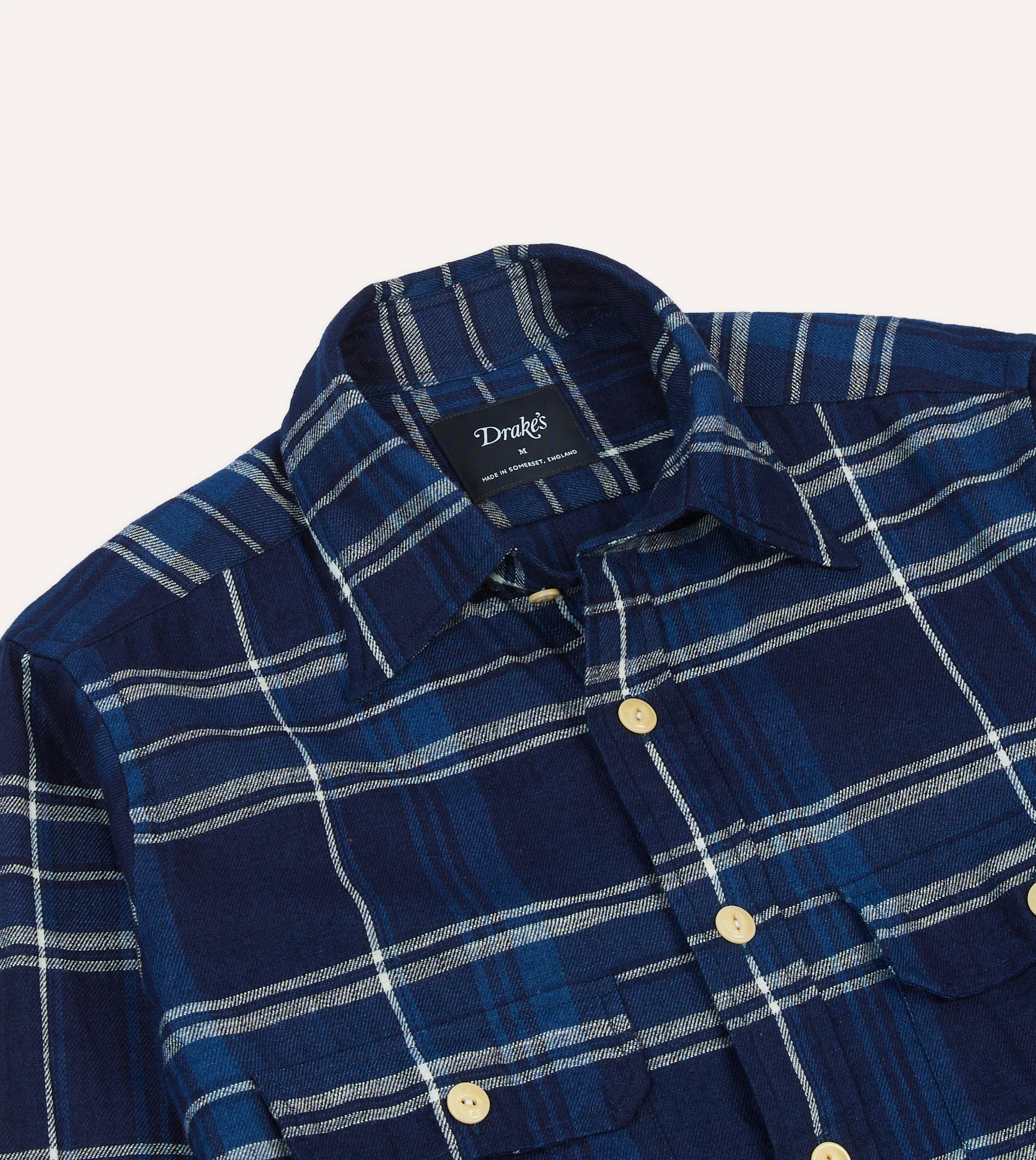 Blue Check Cotton Long Point Collar Work Shirt