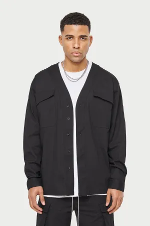 COLLARLESS STITCH DETAIL SHIRT - BLACK