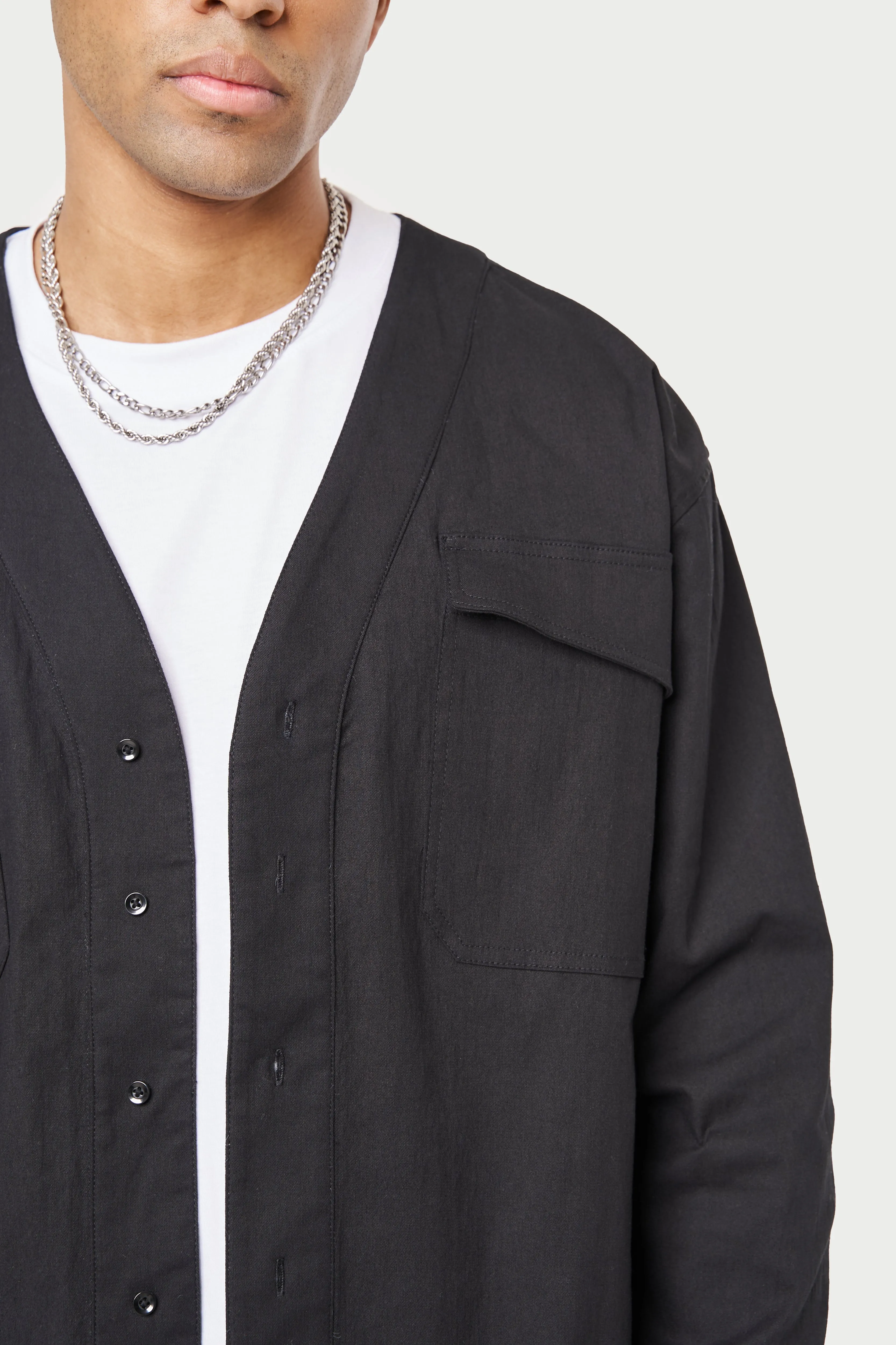 COLLARLESS STITCH DETAIL SHIRT - BLACK