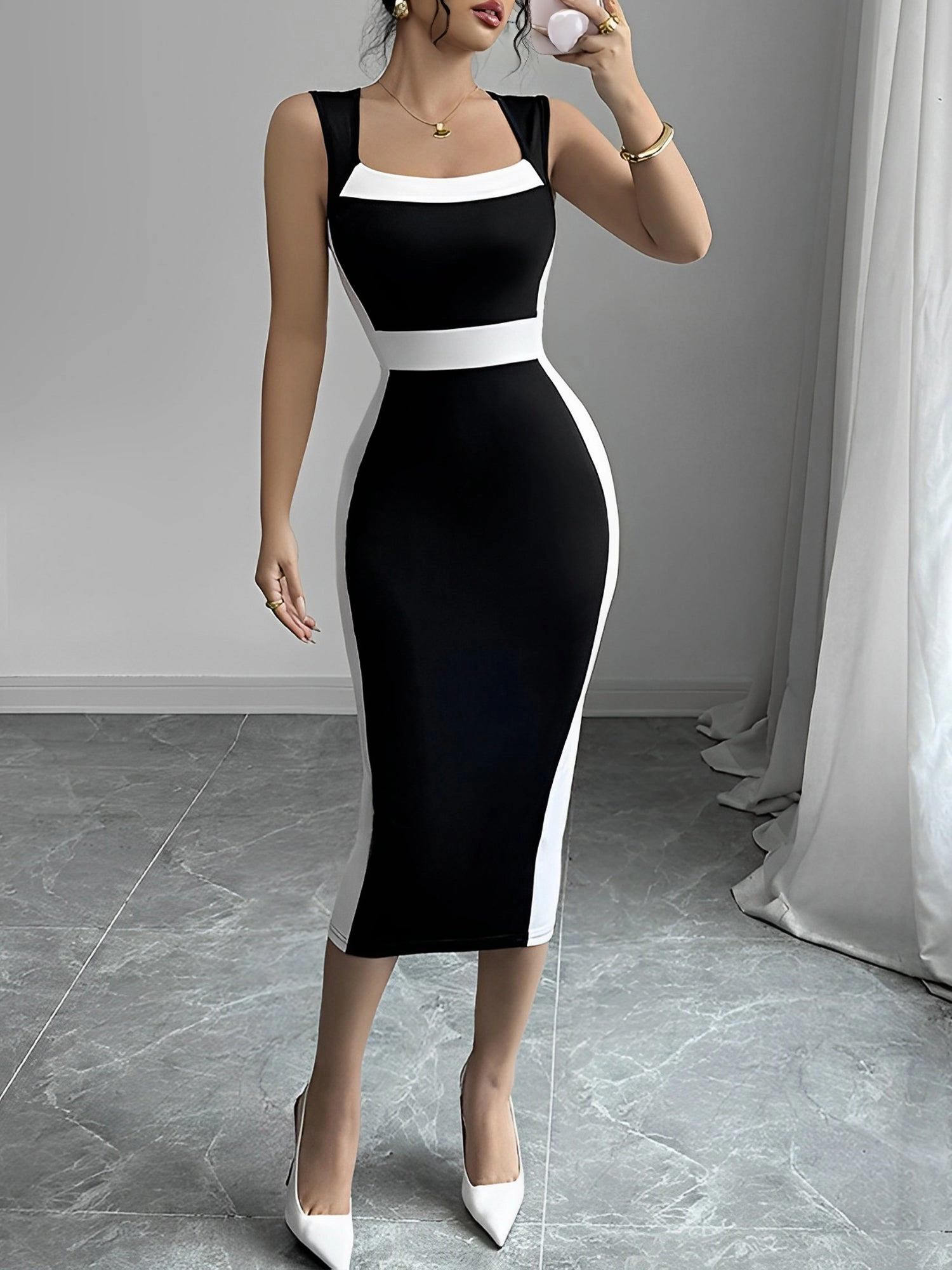 Colorblock Square Neck Sleeveless Bodycon Midi Dress