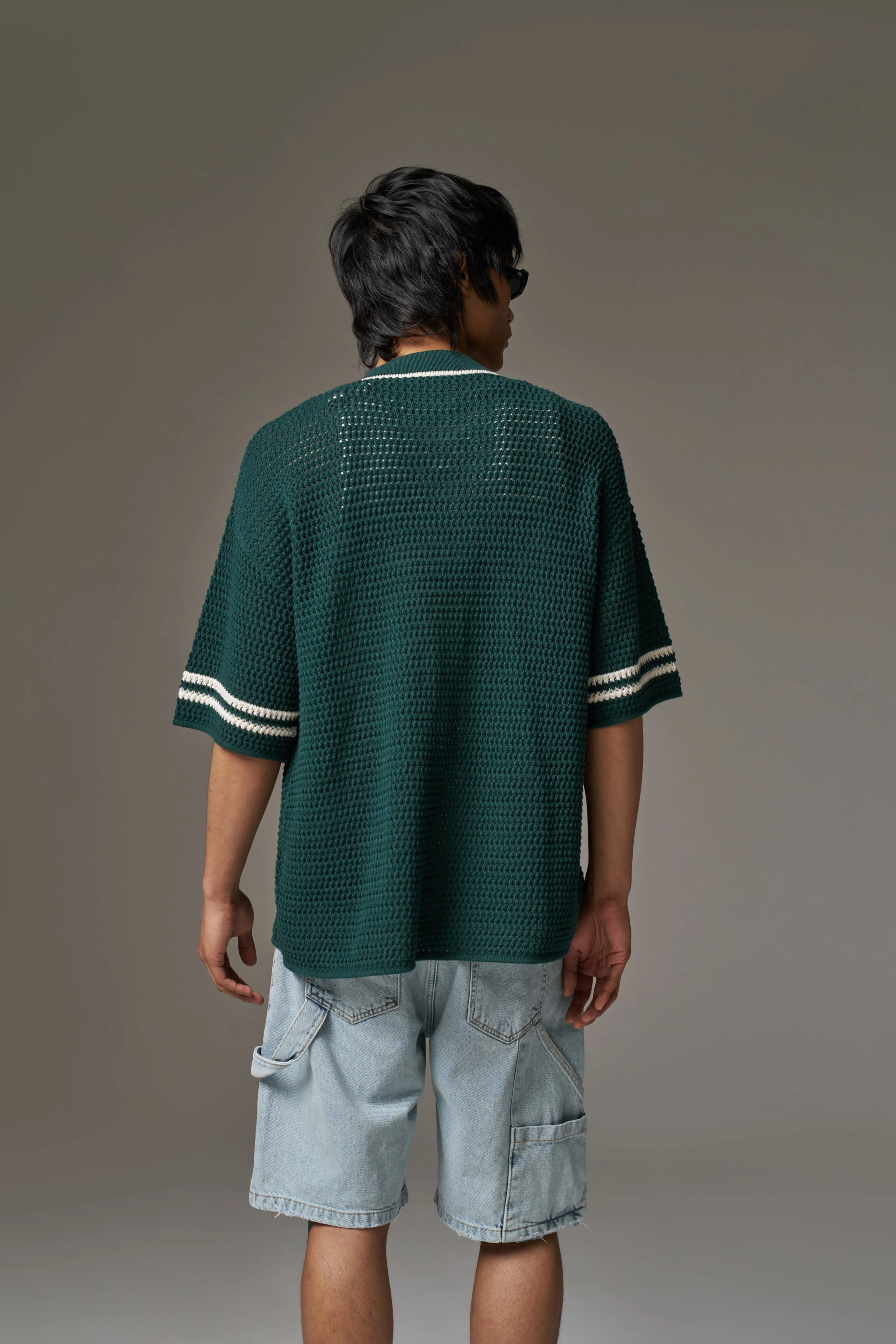 CROCHET KNITTED BASEBALL SHIRT - GREEN
