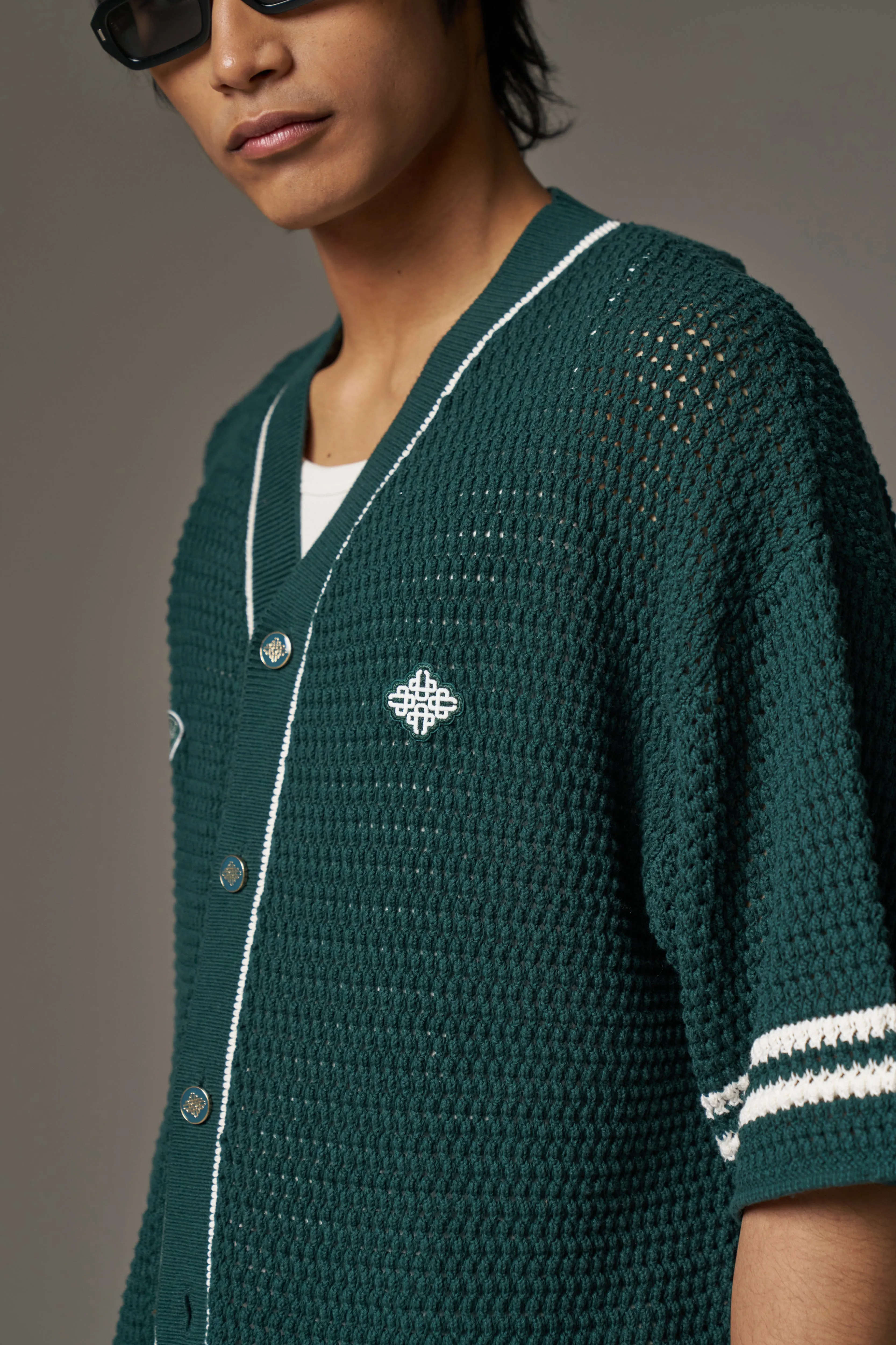 CROCHET KNITTED BASEBALL SHIRT - GREEN