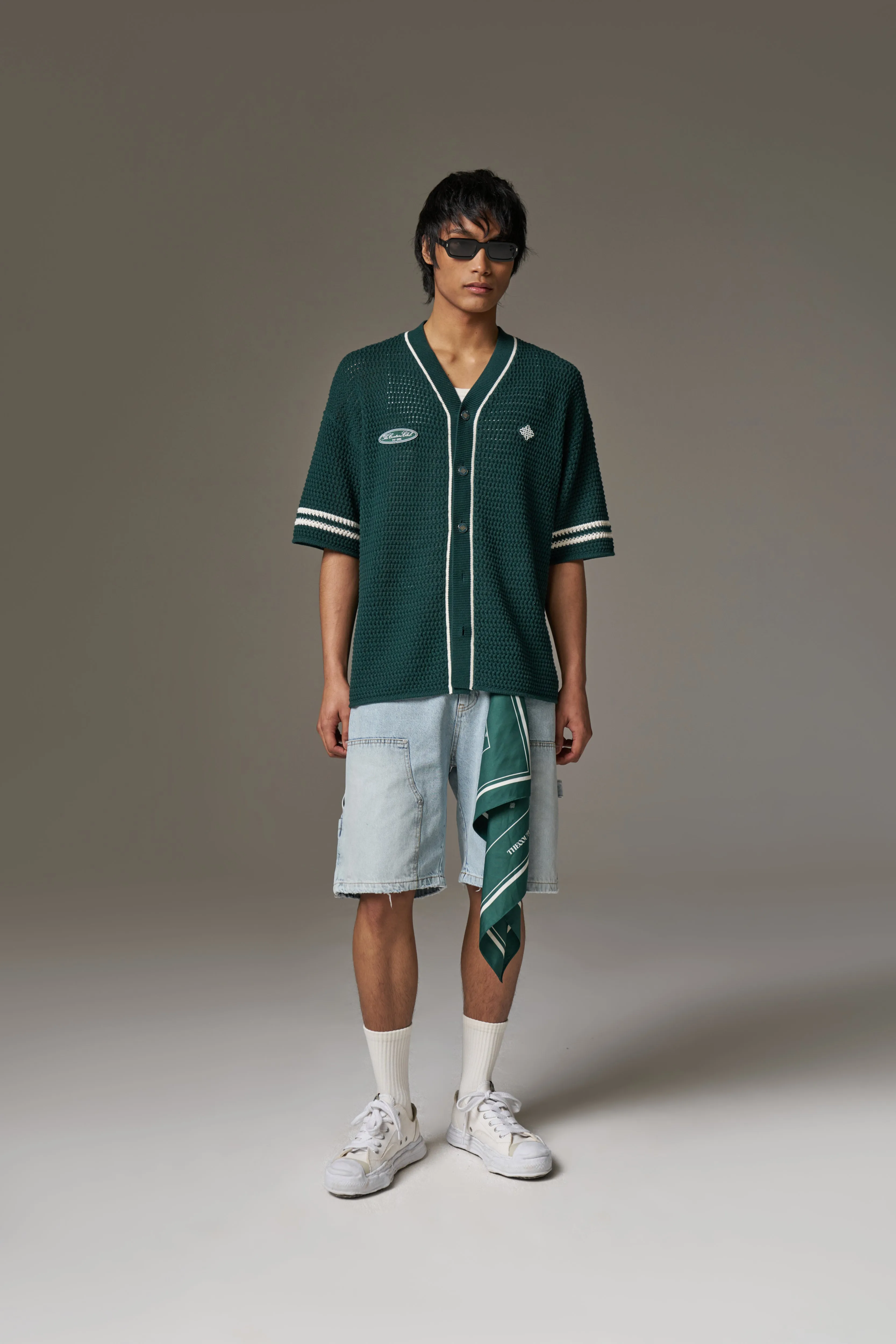 CROCHET KNITTED BASEBALL SHIRT - GREEN