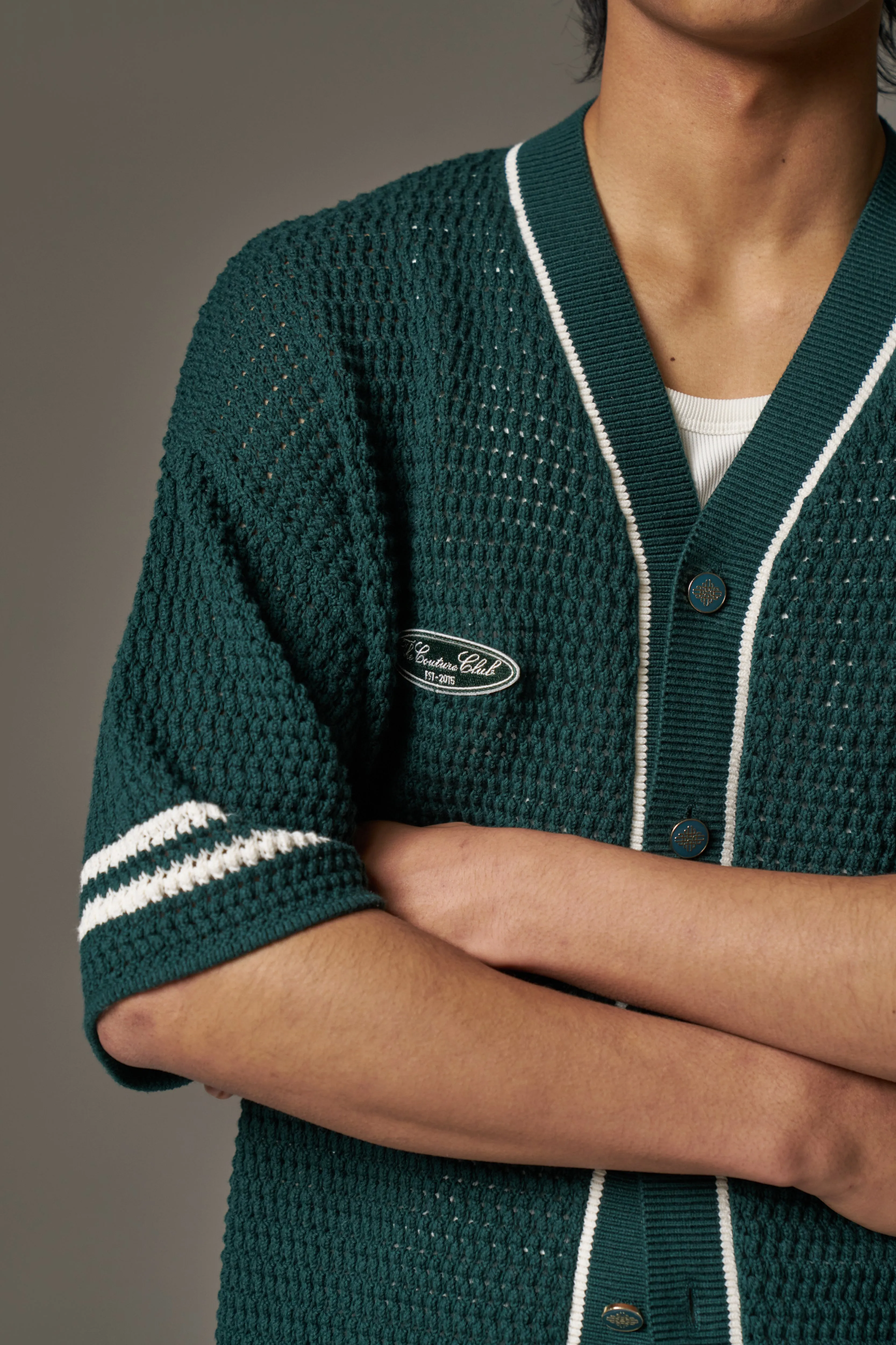 CROCHET KNITTED BASEBALL SHIRT - GREEN