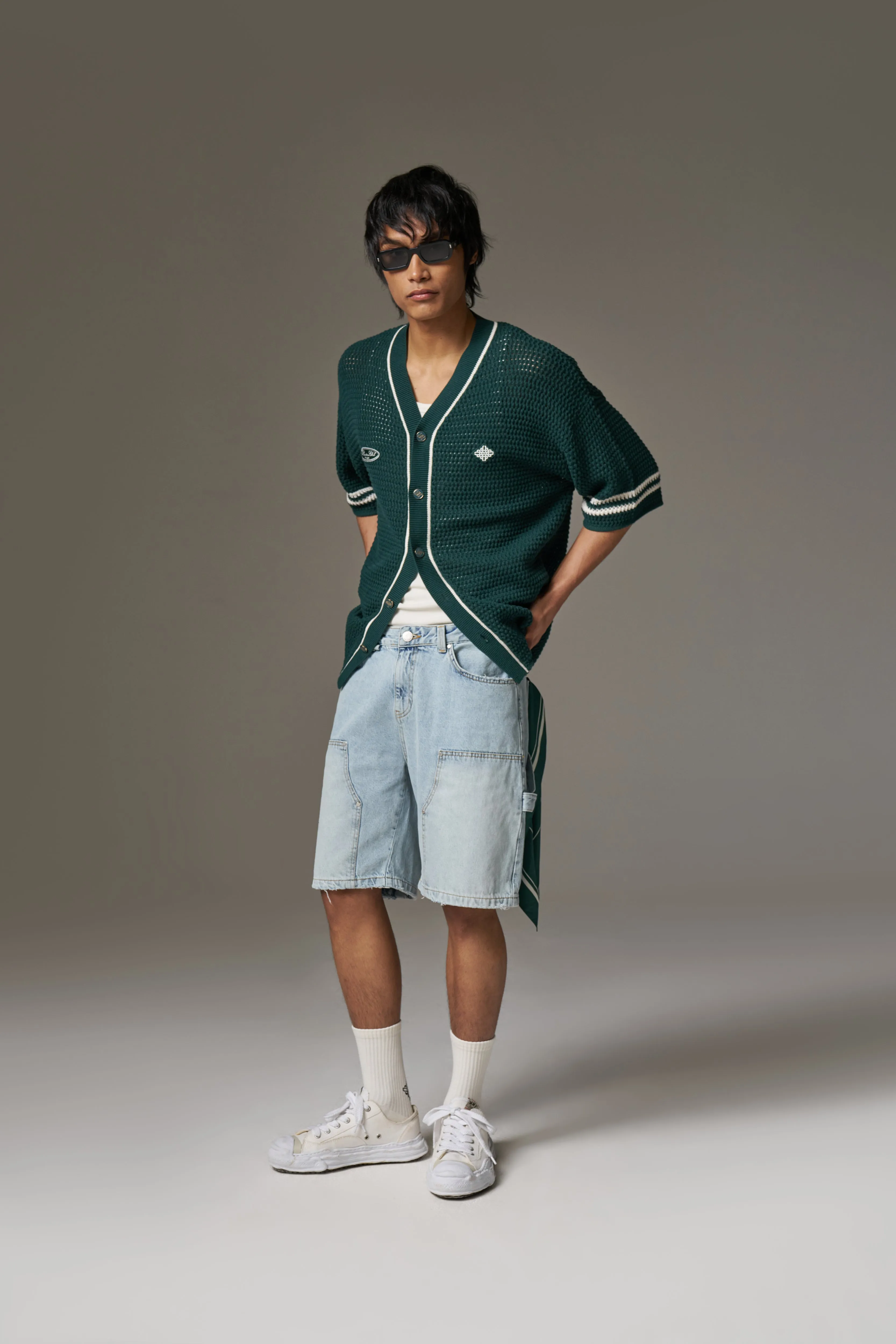 CROCHET KNITTED BASEBALL SHIRT - GREEN