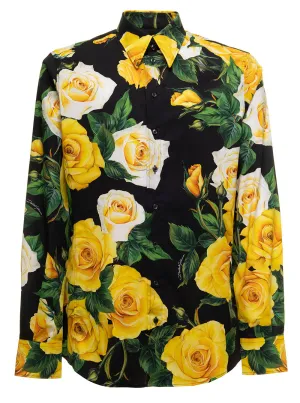 Dolce & Gabbana Rose-Printed Curved Hem Shirt