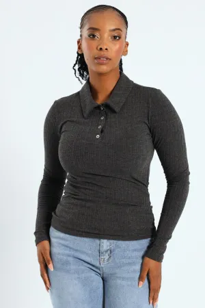 Half Placket Button Detail Rib Golfer Tee - Grey Melange