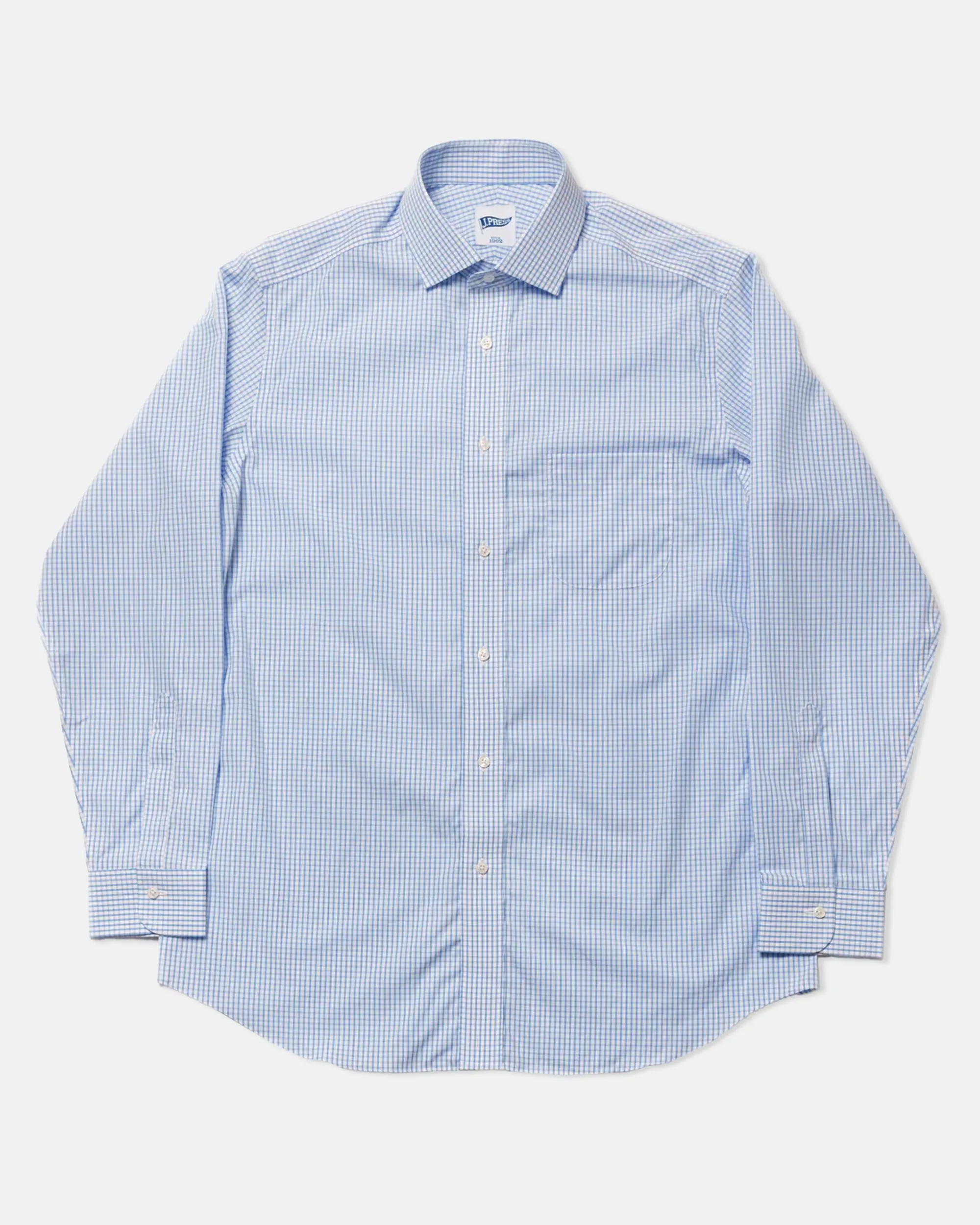 LIGHT BLUE CHECK SPREAD COLLAR SHIRT - TRIM FIT