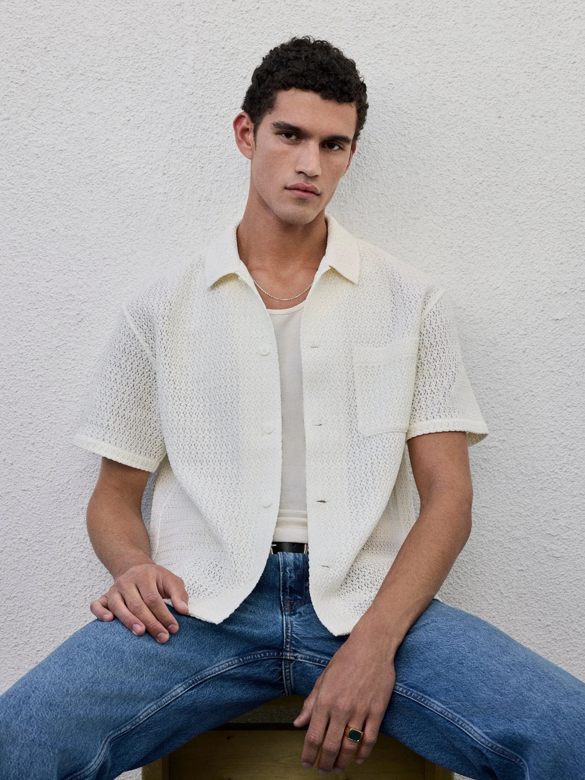 Open Weave Short Sleeve Shirt -- Cream