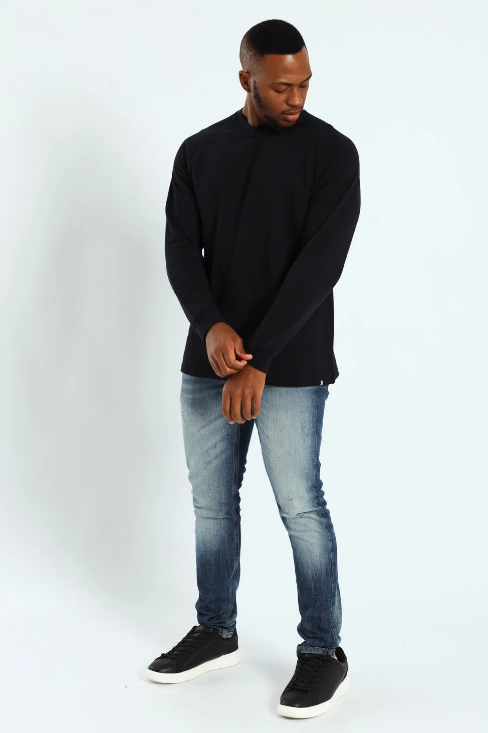Raglan Sleeve Waffle Tee - Black
