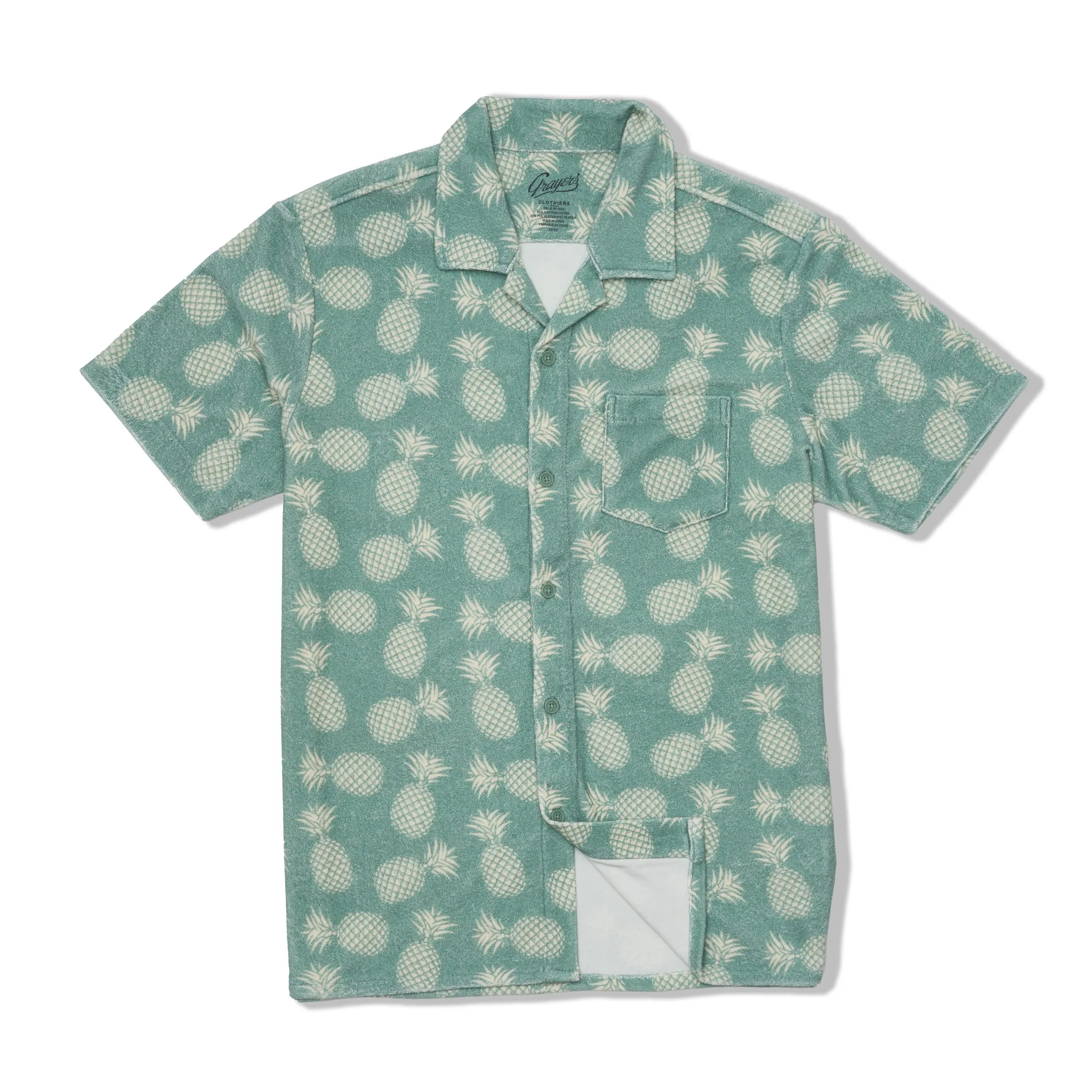 Riviera Terry Button Front Print Shirt - Celadon Pineapple