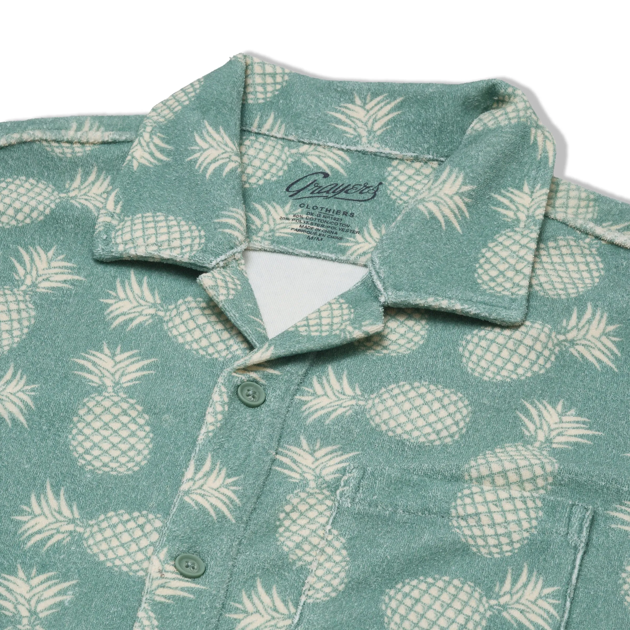 Riviera Terry Button Front Print Shirt - Celadon Pineapple