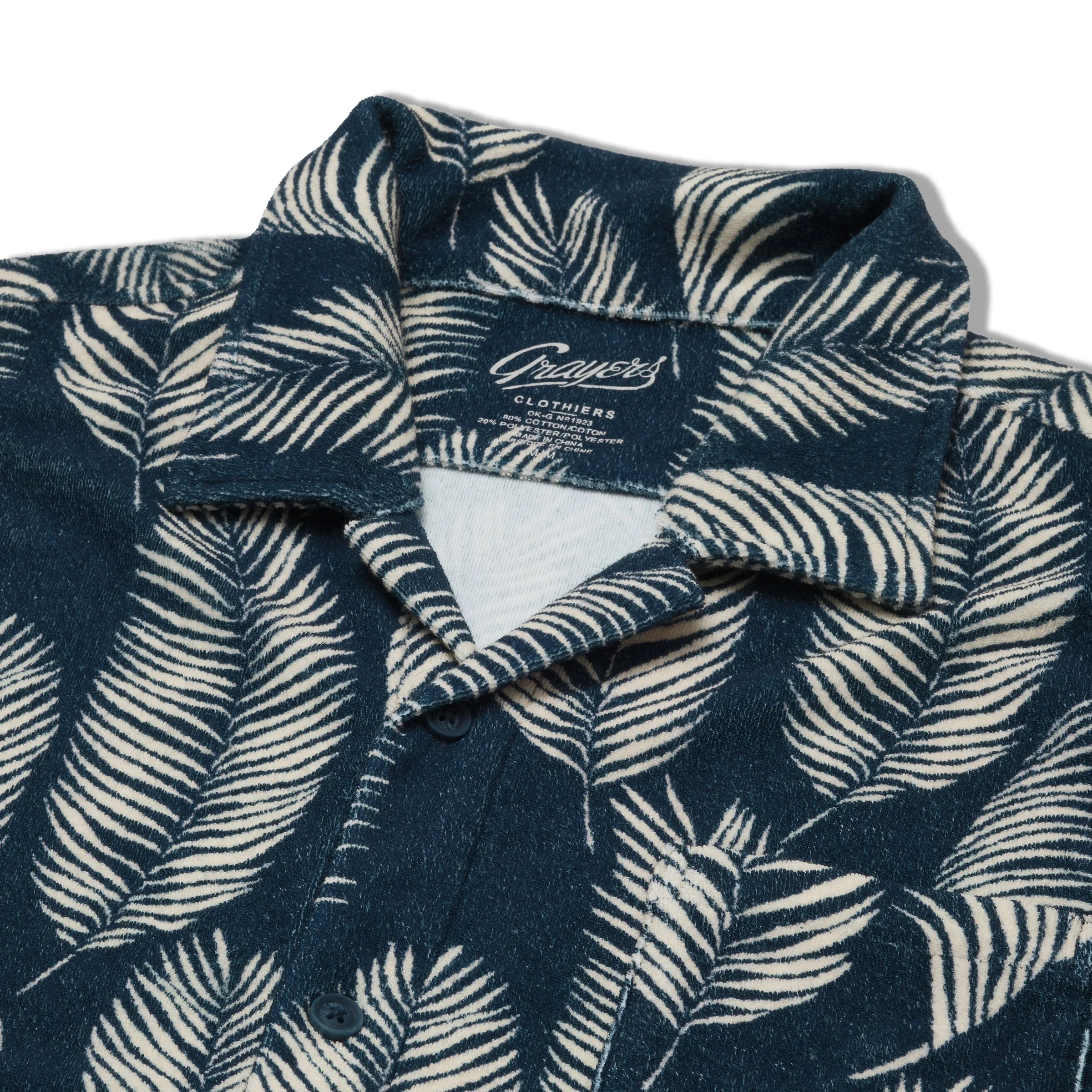 Riviera Terry Button Front Print Shirt - Navy Leaf