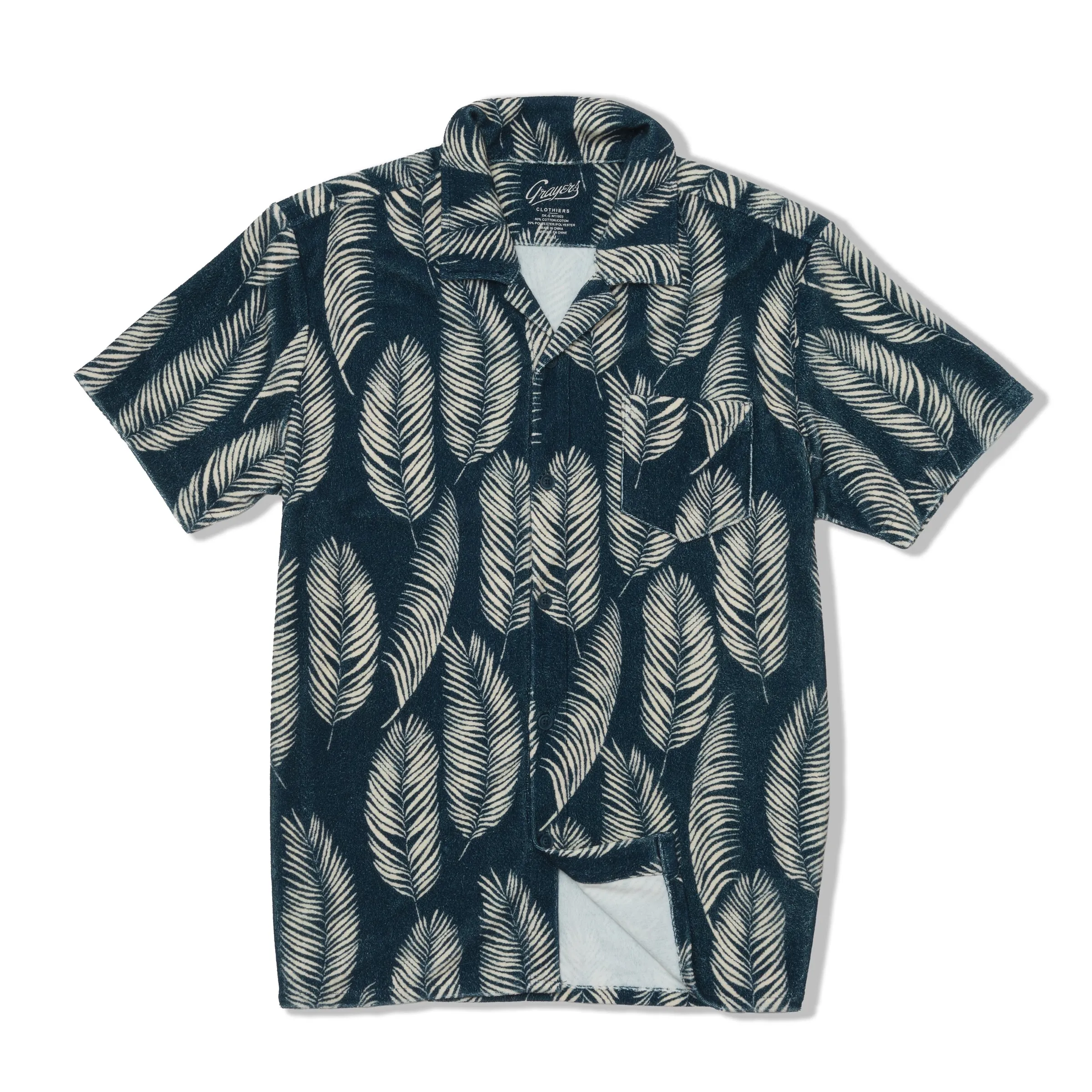Riviera Terry Button Front Print Shirt - Navy Leaf