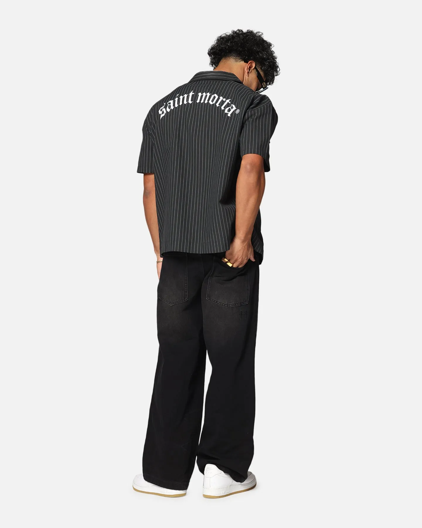 Saint Morta Gothic Pinstripe Button Up Shirt Black