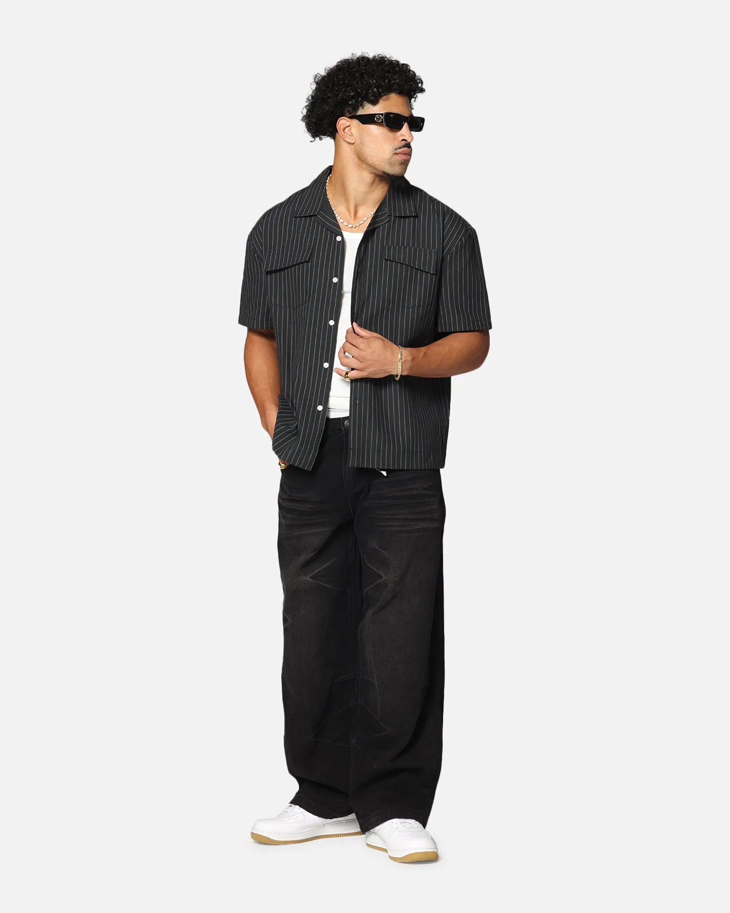 Saint Morta Gothic Pinstripe Button Up Shirt Black