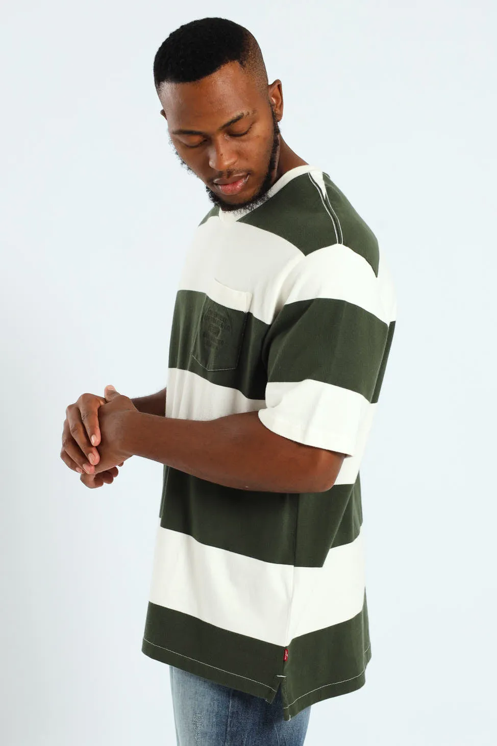 Stepped Hem Half Sleeve Tee - Dark Green/White