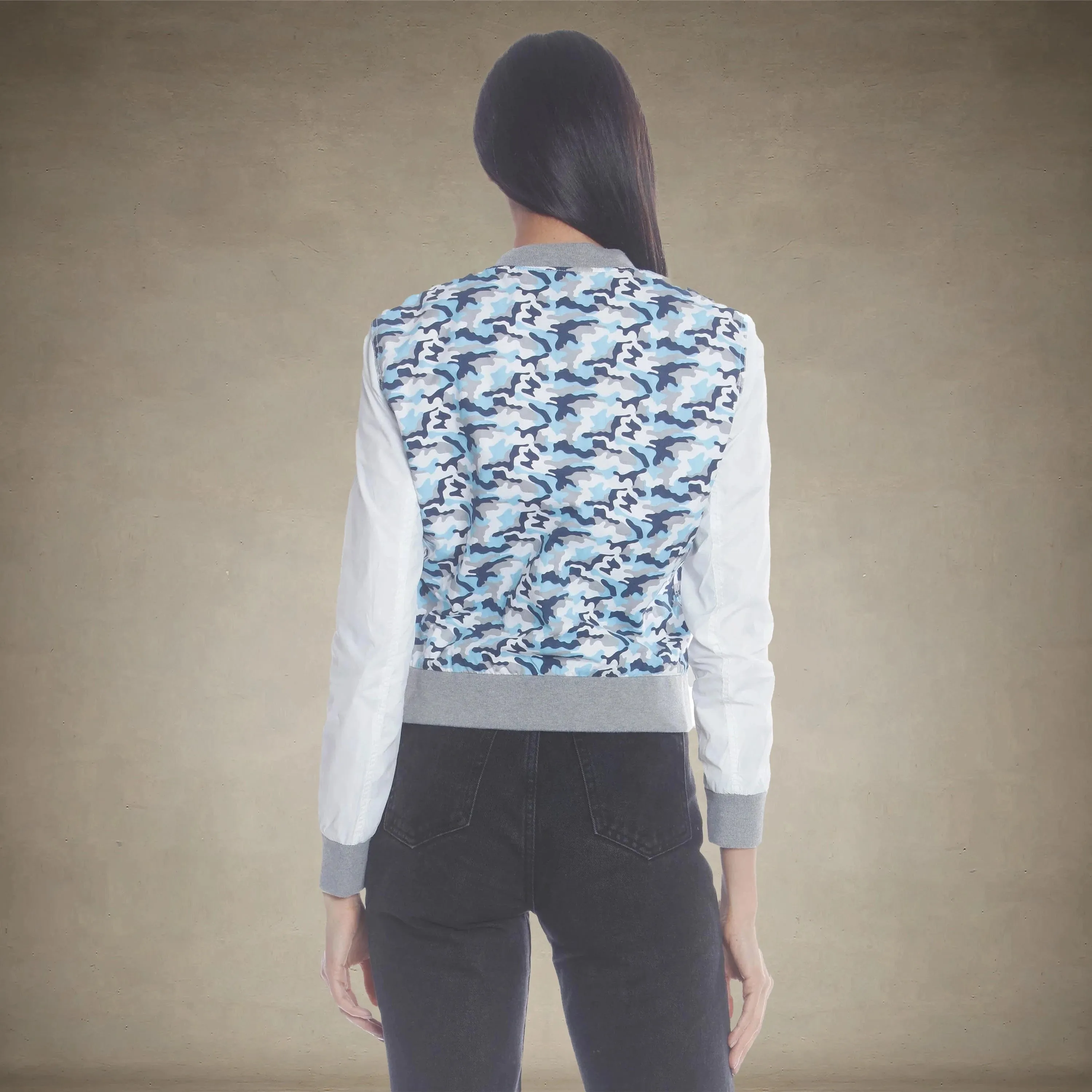Women's  Camouflage Baseball Jacket with Nylon Sleeves - FINAL SALE