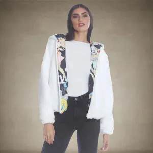 Women's Faux Rabbit Fur Reversible Bomber Looney Tunes Satin Mashup Print Lining Jacket - FINAL SALE