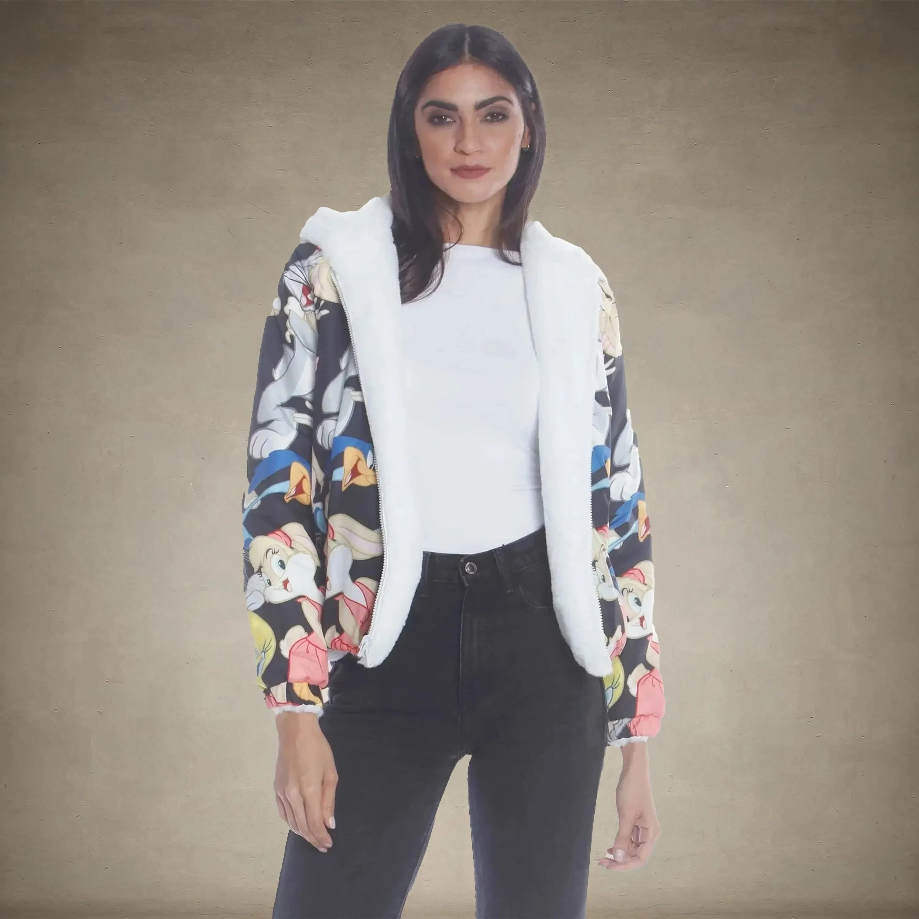 Women's Faux Rabbit Fur Reversible Bomber Looney Tunes Satin Mashup Print Lining Jacket - FINAL SALE