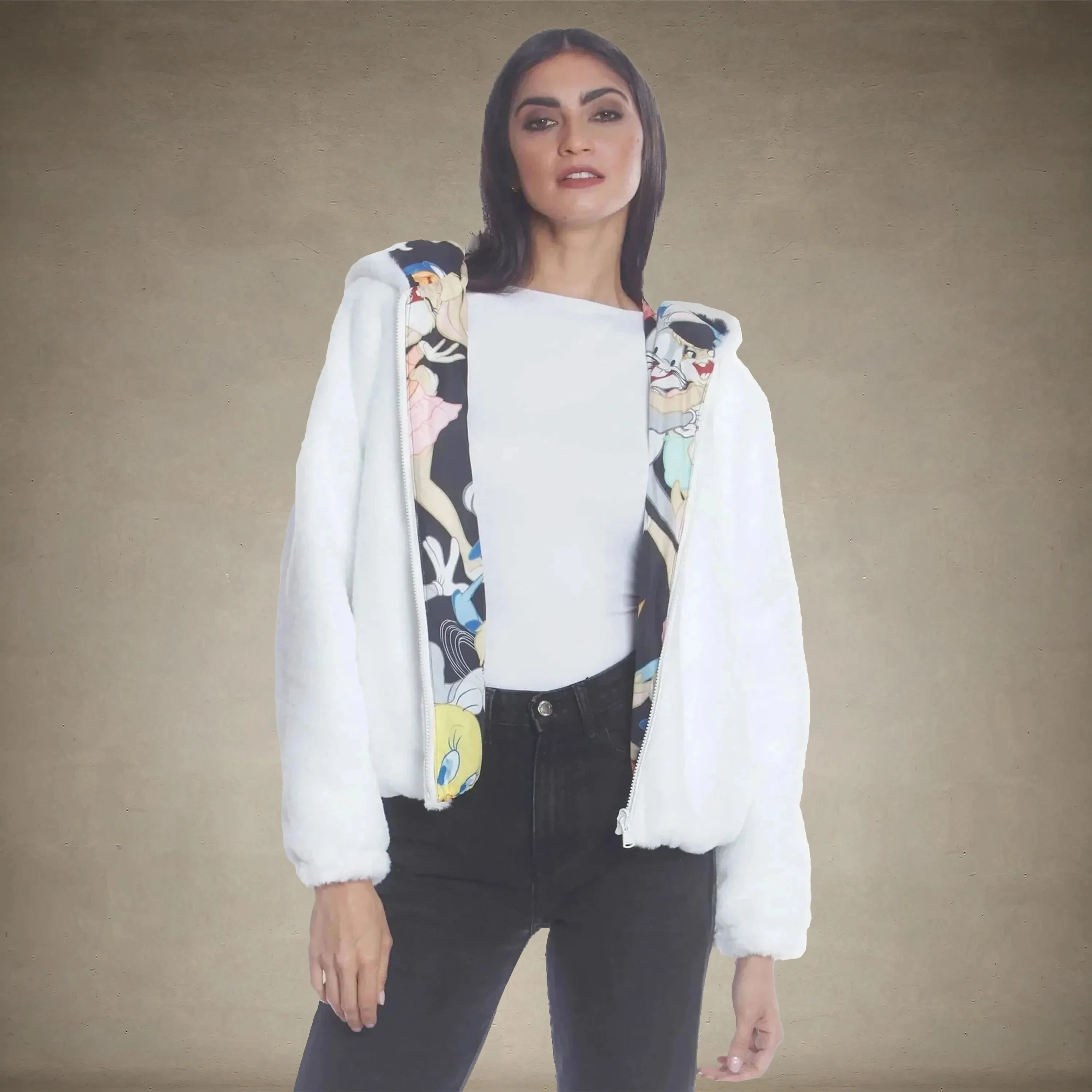 Women's Faux Rabbit Fur Reversible Bomber Looney Tunes Satin Mashup Print Lining Jacket - FINAL SALE