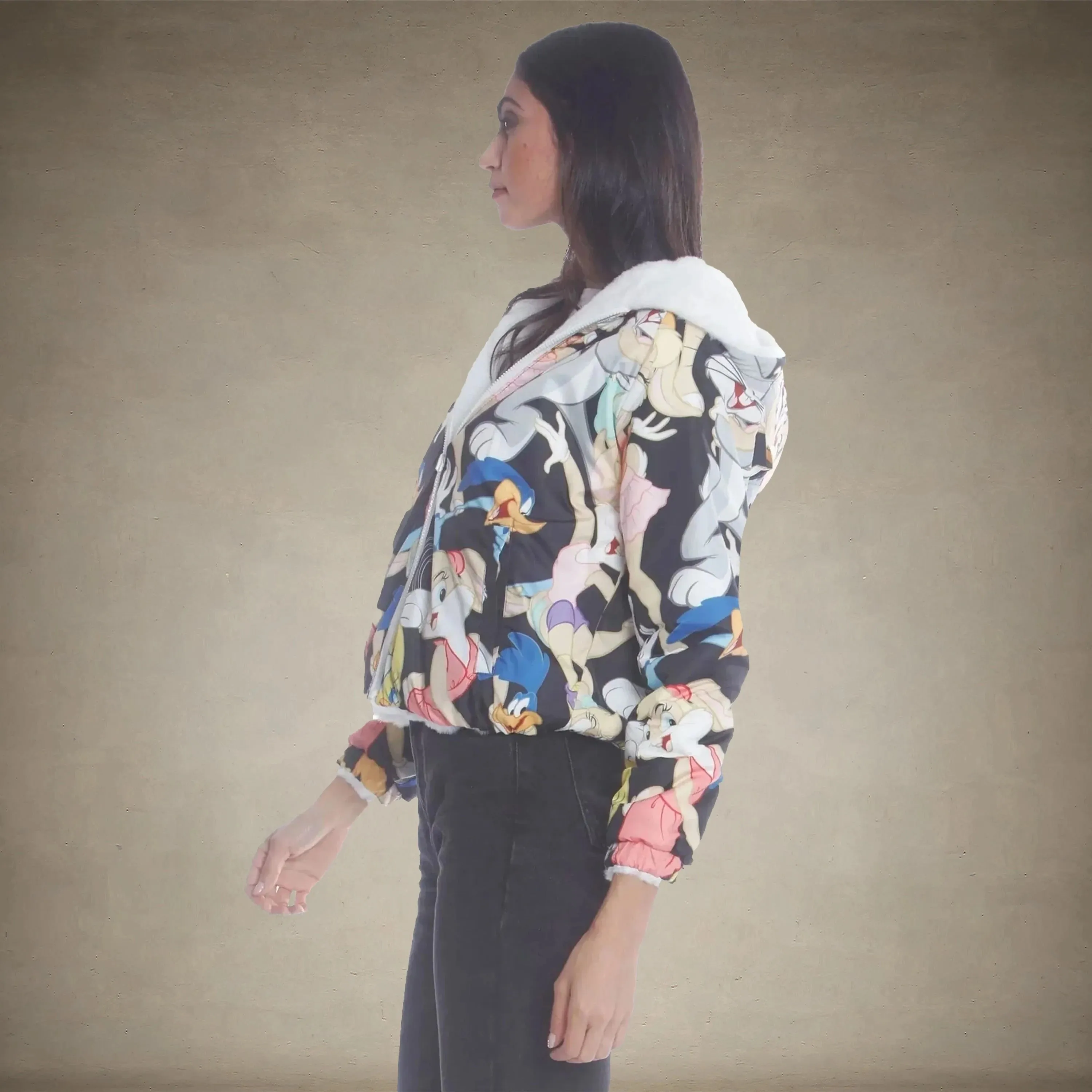 Women's Faux Rabbit Fur Reversible Bomber Looney Tunes Satin Mashup Print Lining Jacket - FINAL SALE