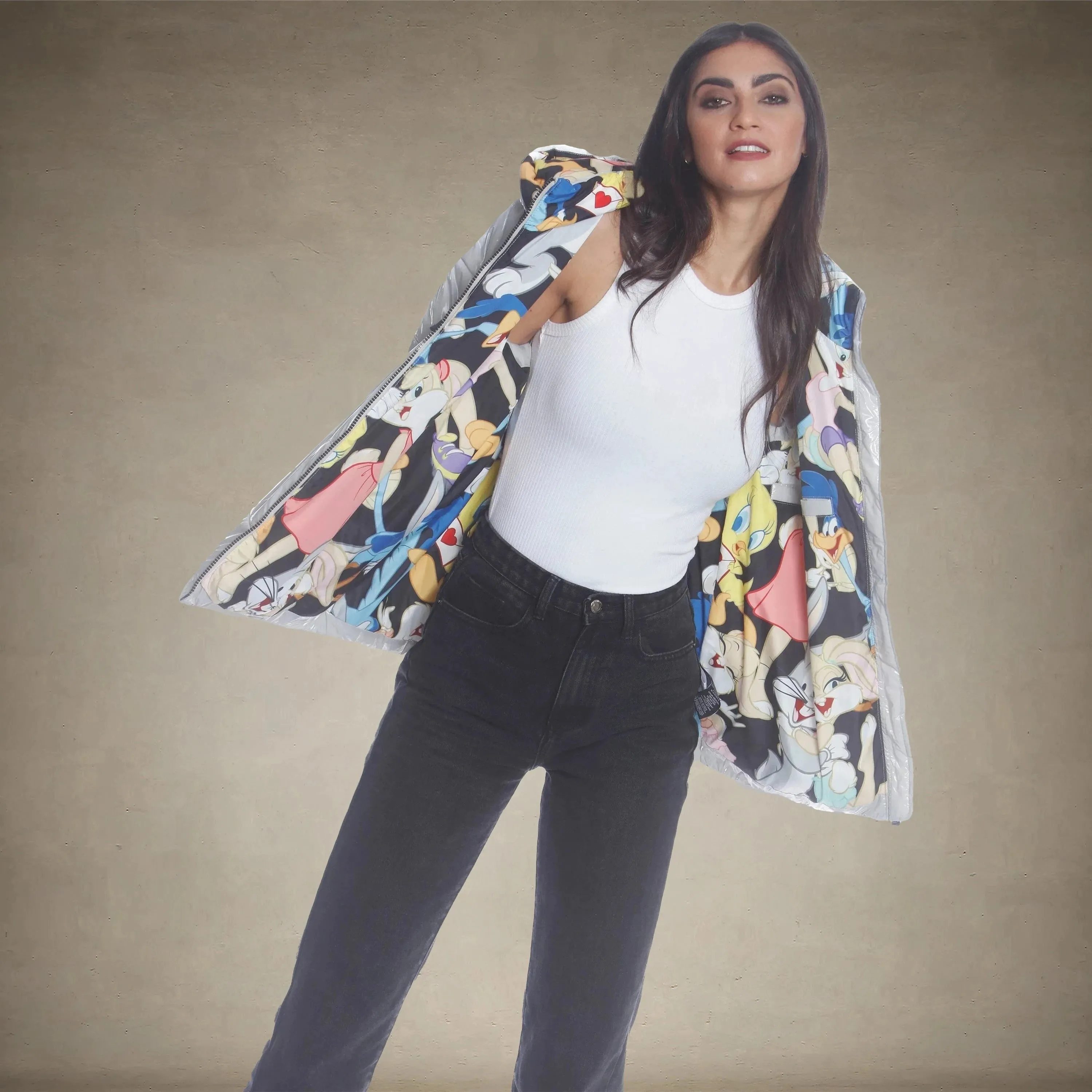Women's Hi-Shine Chevron Quilt Puffer with Looney Tunes Mashup Print Lining - FINAL SALE