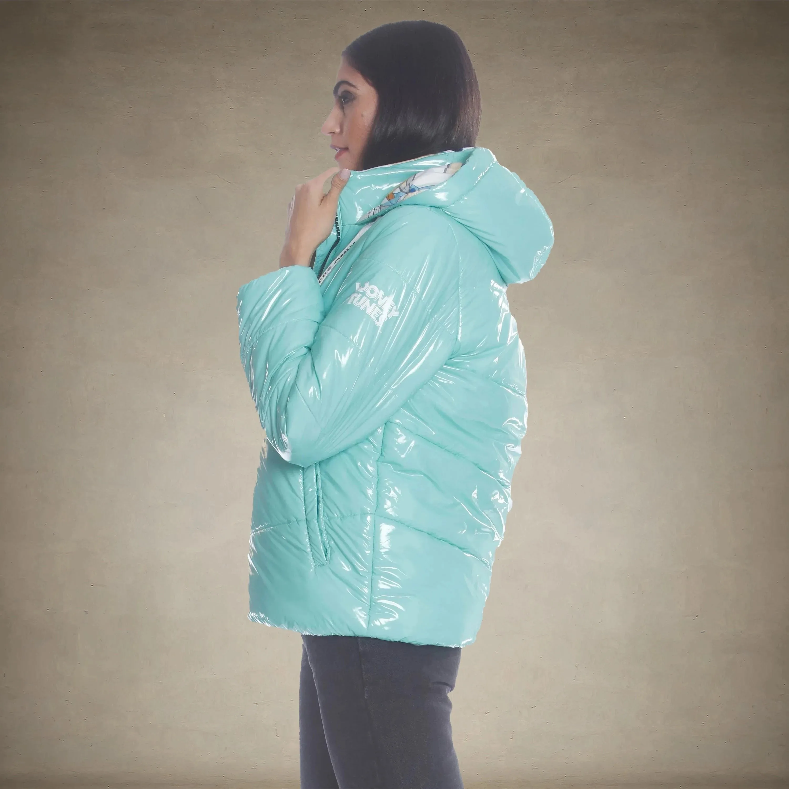 Women's Hi-Shine Chevron Quilt Puffer with Looney Tunes Mashup Print Lining - FINAL SALE