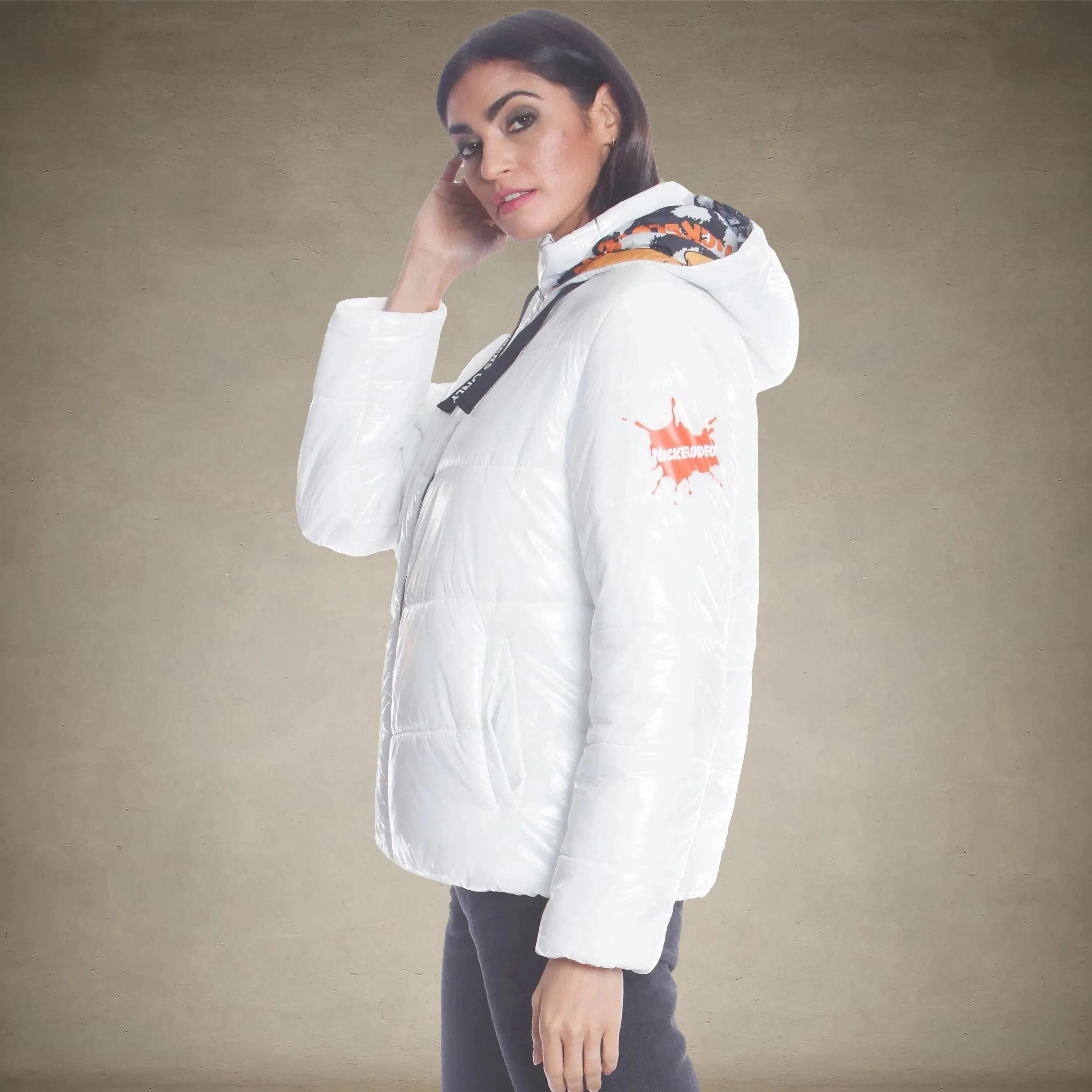 Women's Hi-Shine Chevron Quilt Puffer with Nickelodeon Mashup Print Lining Jacket - FINAL SALE