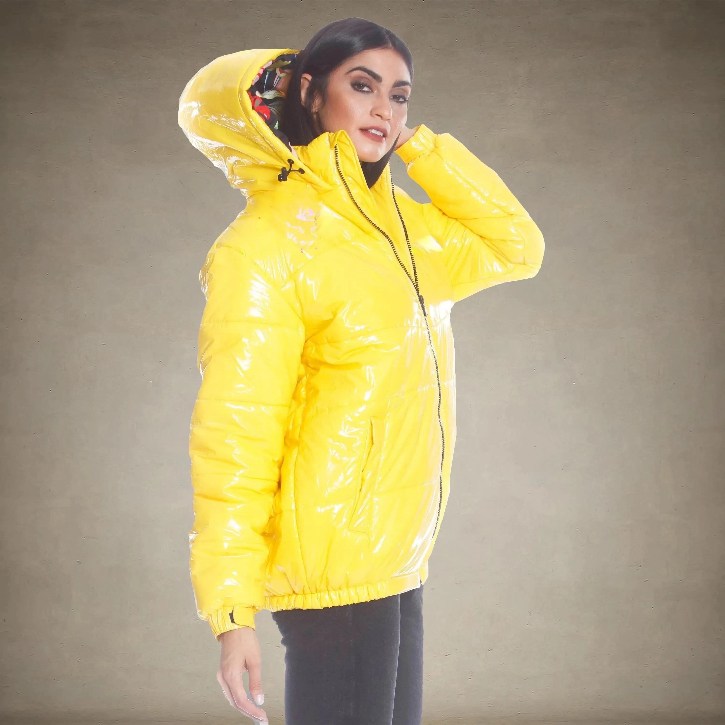 Women's Hi-Shine Chevron Quilt Puffer with Nickelodeon Mashup Print Lining Jacket - FINAL SALE