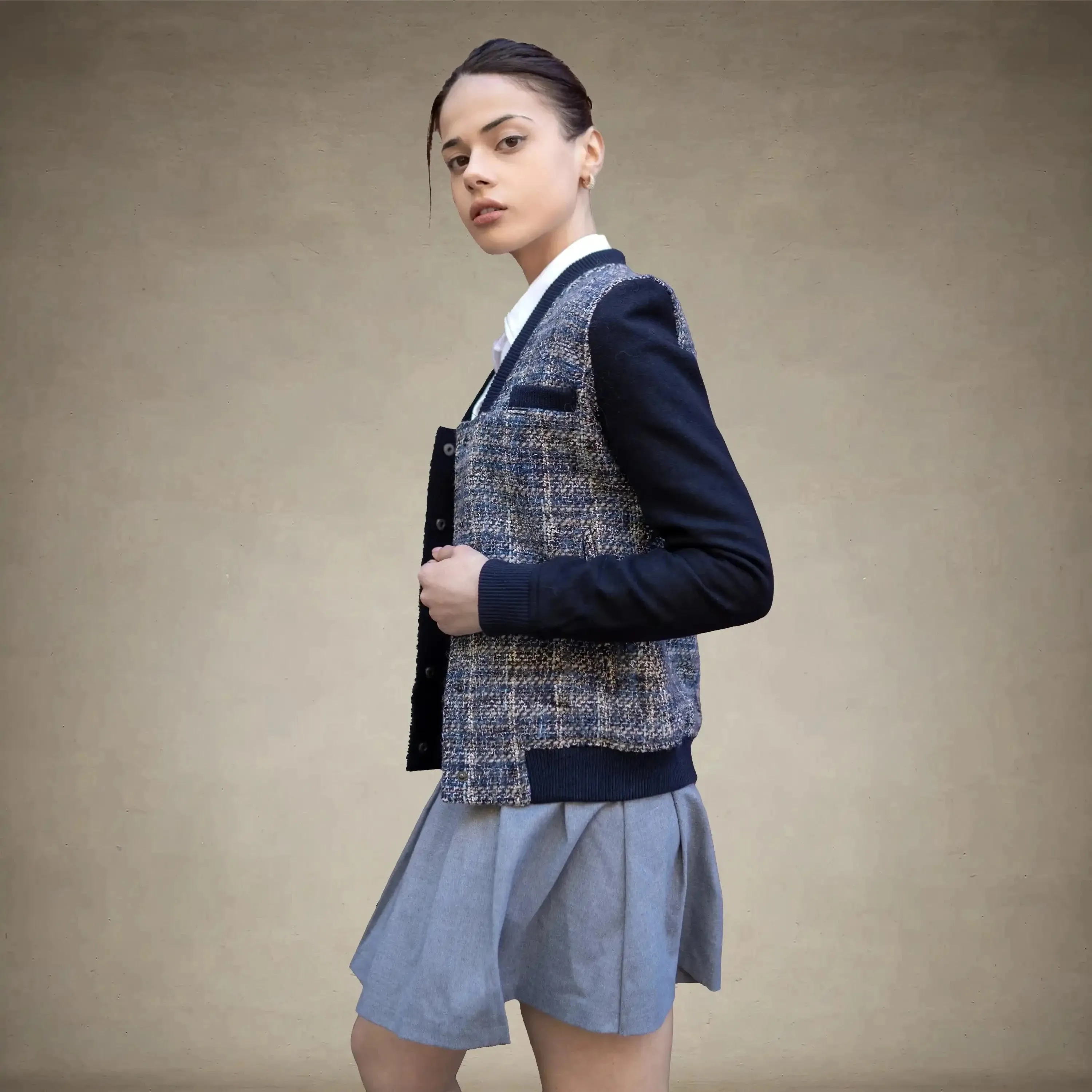 Women's Updated Tweed Varsity Jacket with Contrast Sleeve - FINAL SALE