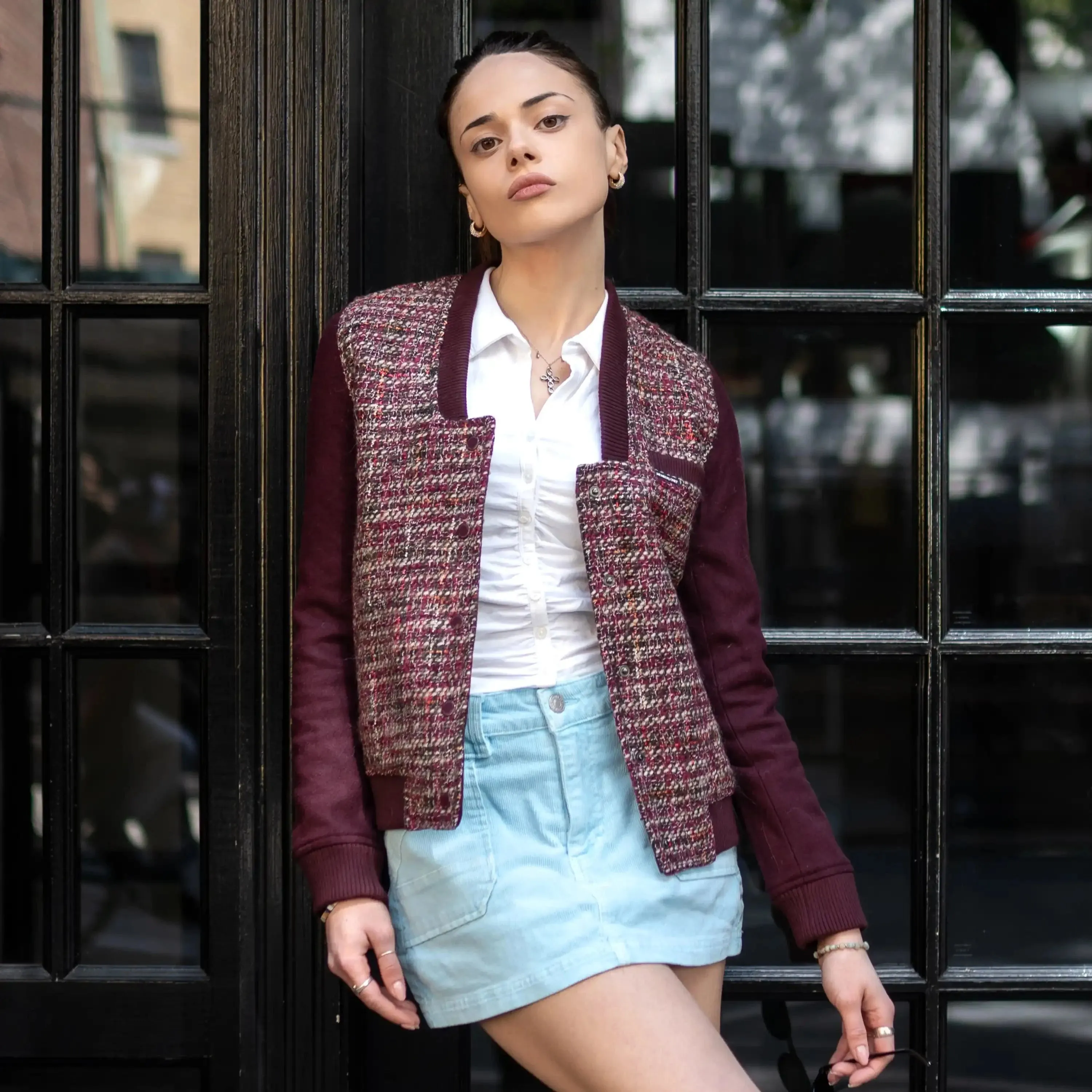 Women's Updated Tweed Varsity Jacket with Contrast Sleeve - FINAL SALE