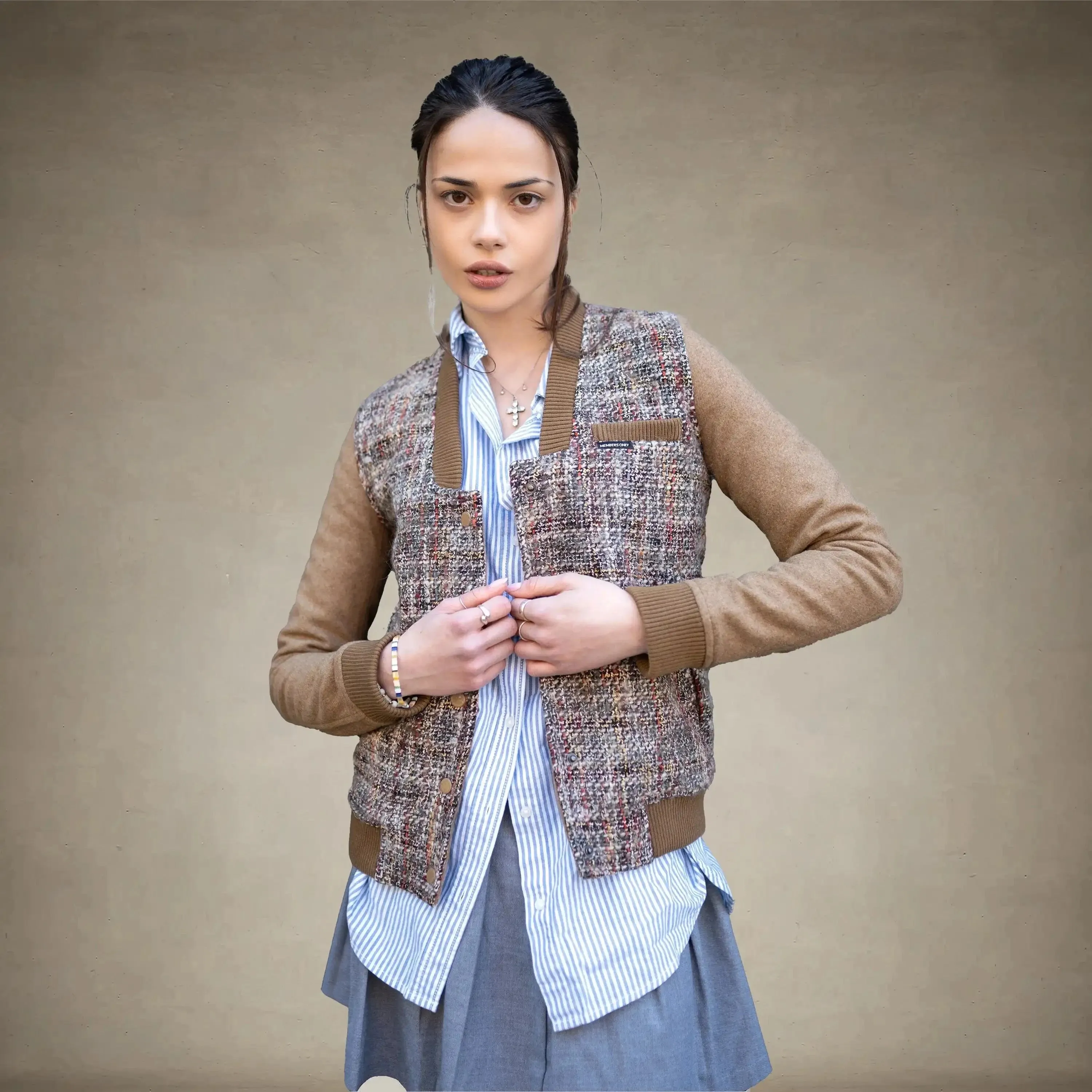 Women's Updated Tweed Varsity Jacket with Contrast Sleeve - FINAL SALE