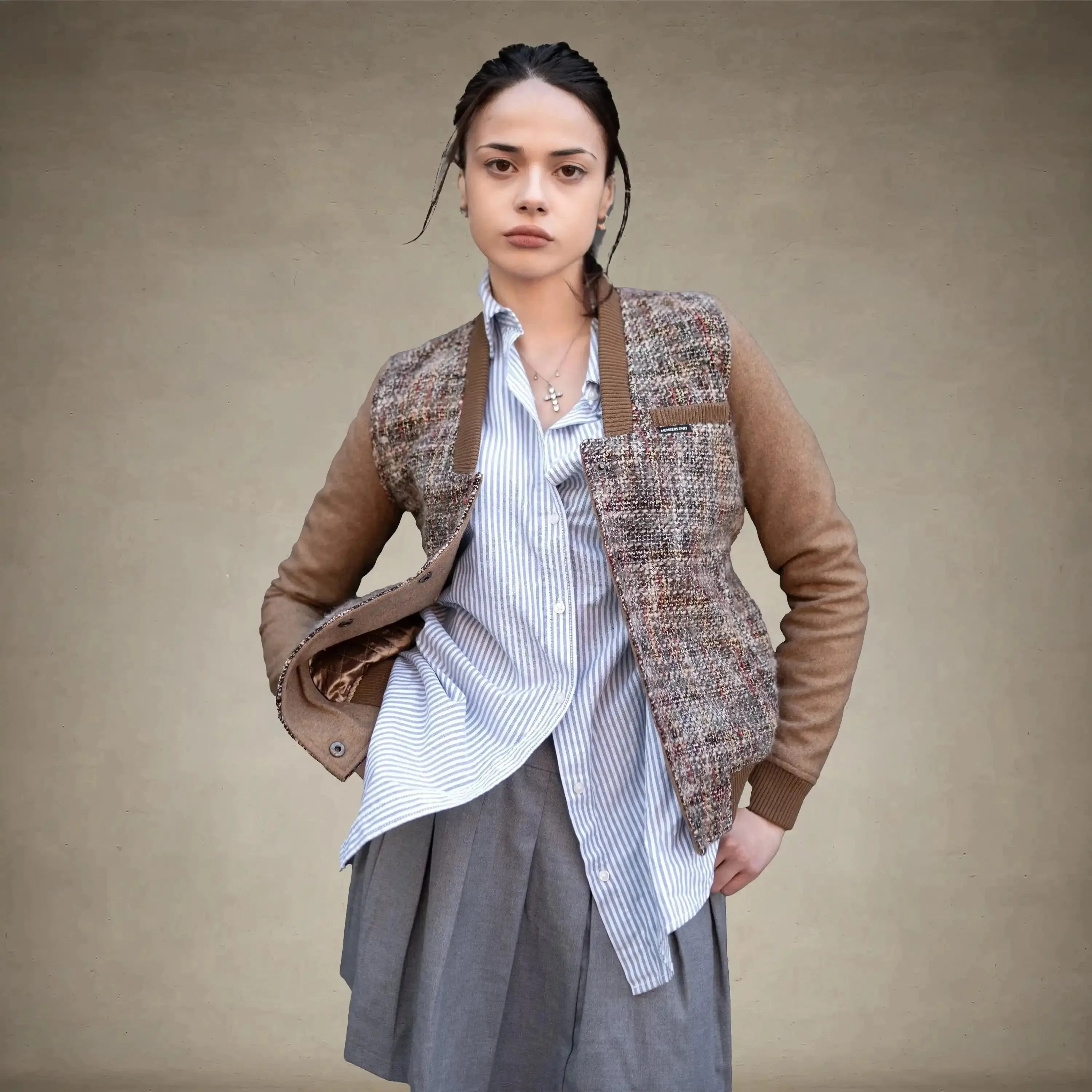 Women's Updated Tweed Varsity Jacket with Contrast Sleeve - FINAL SALE