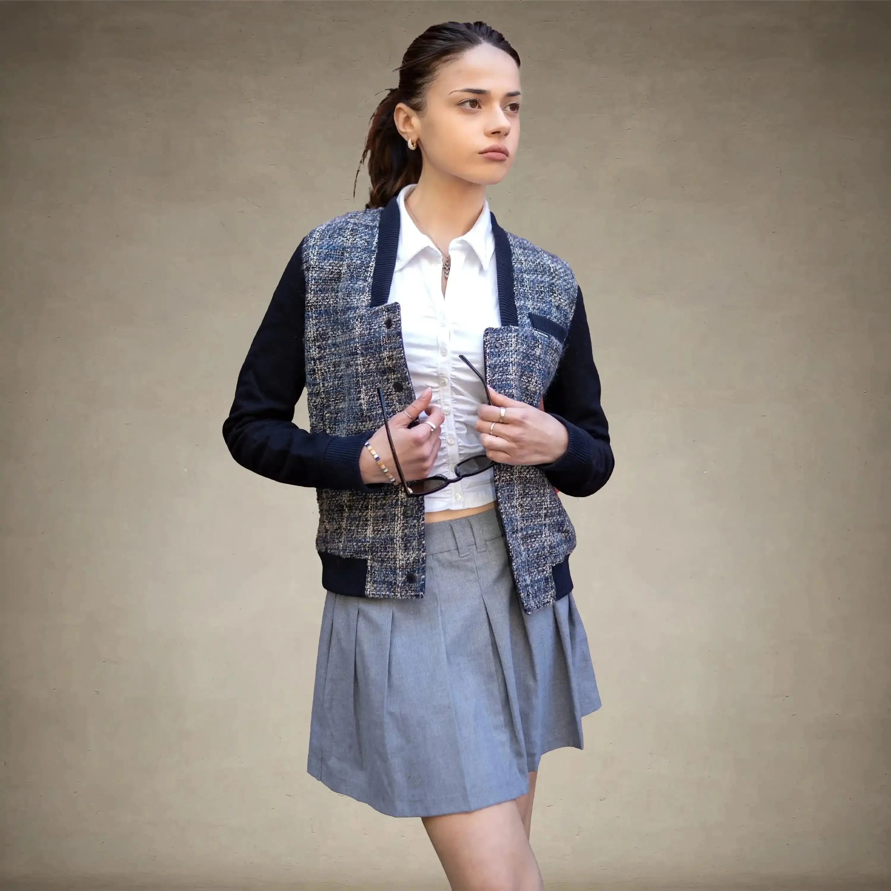 Women's Updated Tweed Varsity Jacket with Contrast Sleeve - FINAL SALE