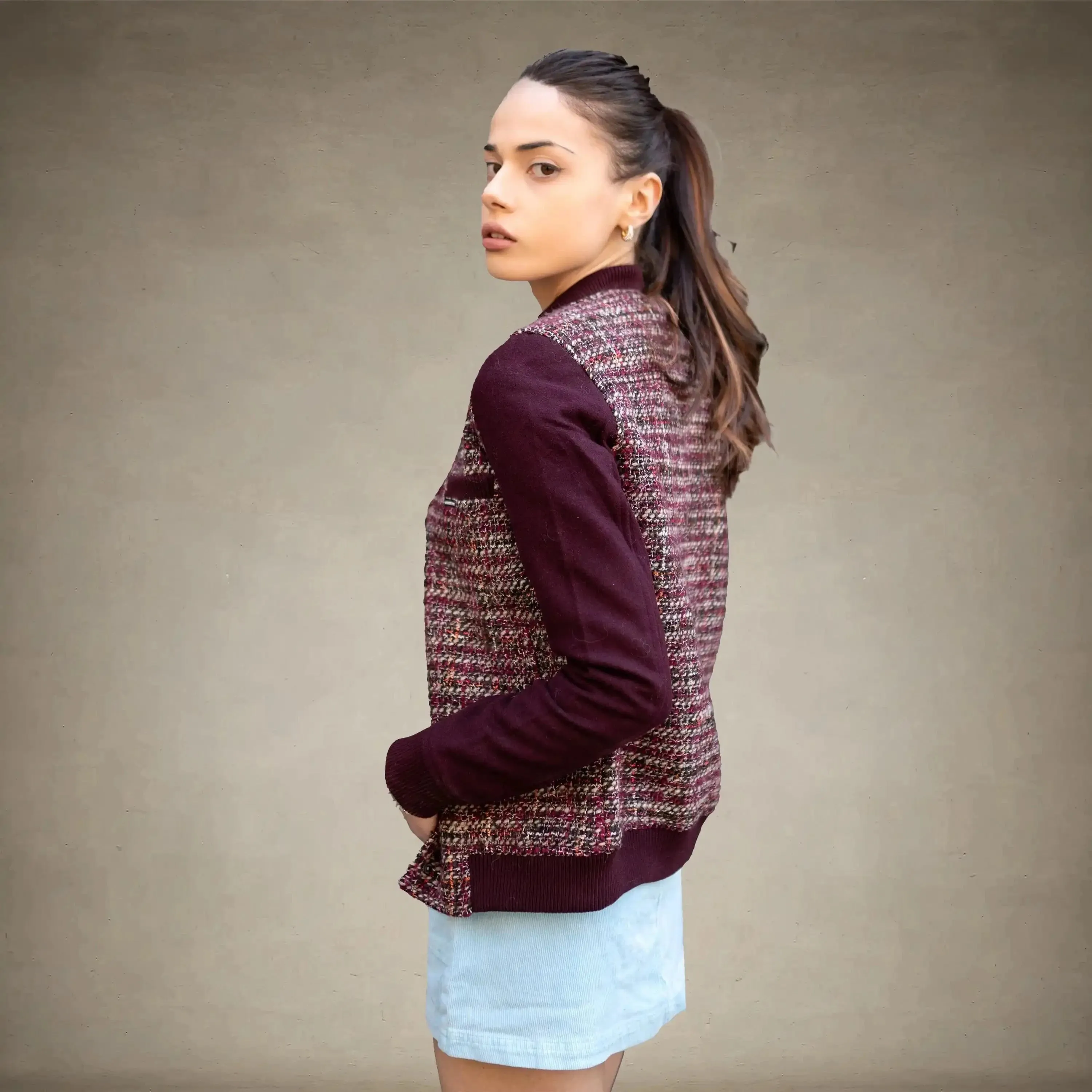 Women's Updated Tweed Varsity Jacket with Contrast Sleeve - FINAL SALE