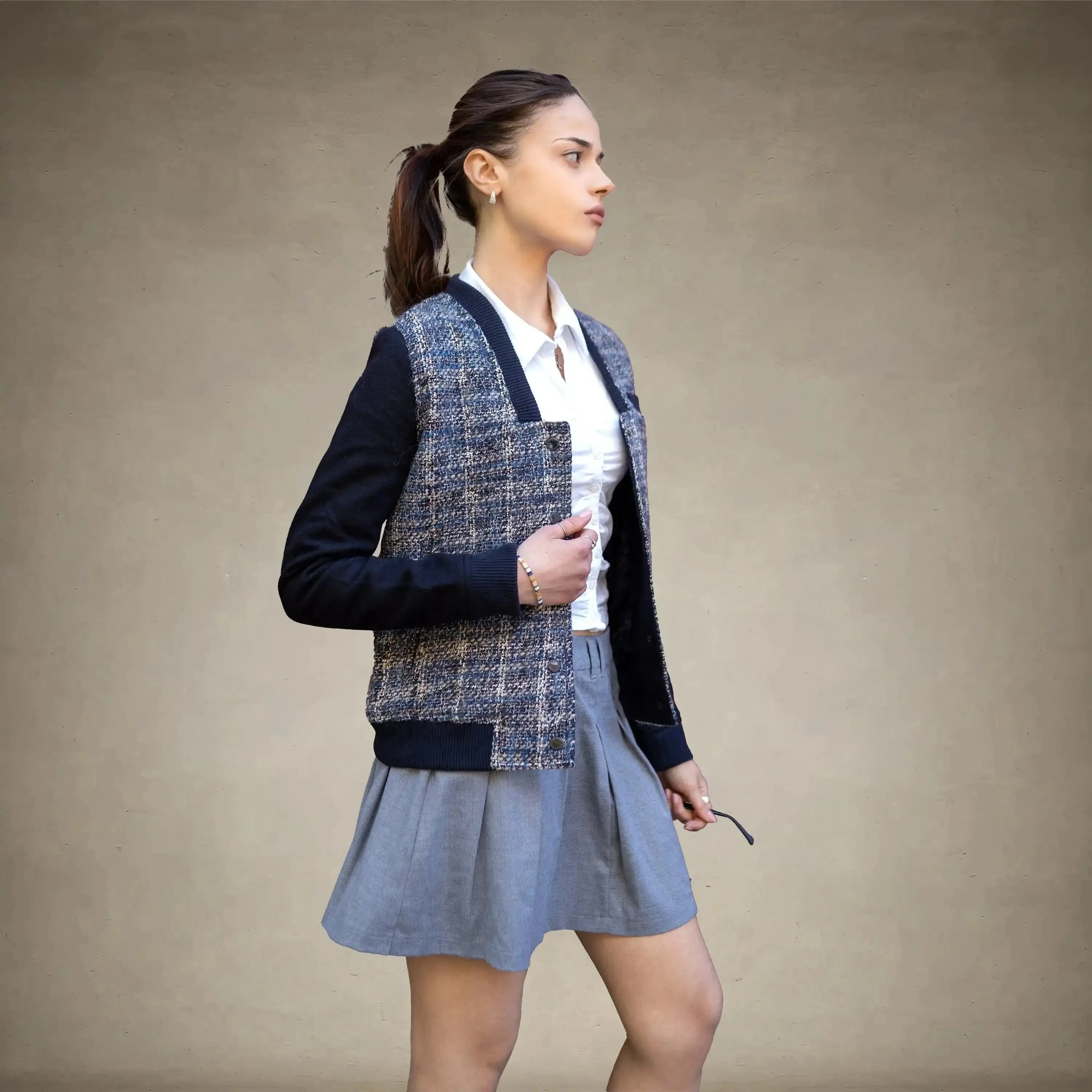 Women's Updated Tweed Varsity Jacket with Contrast Sleeve - FINAL SALE