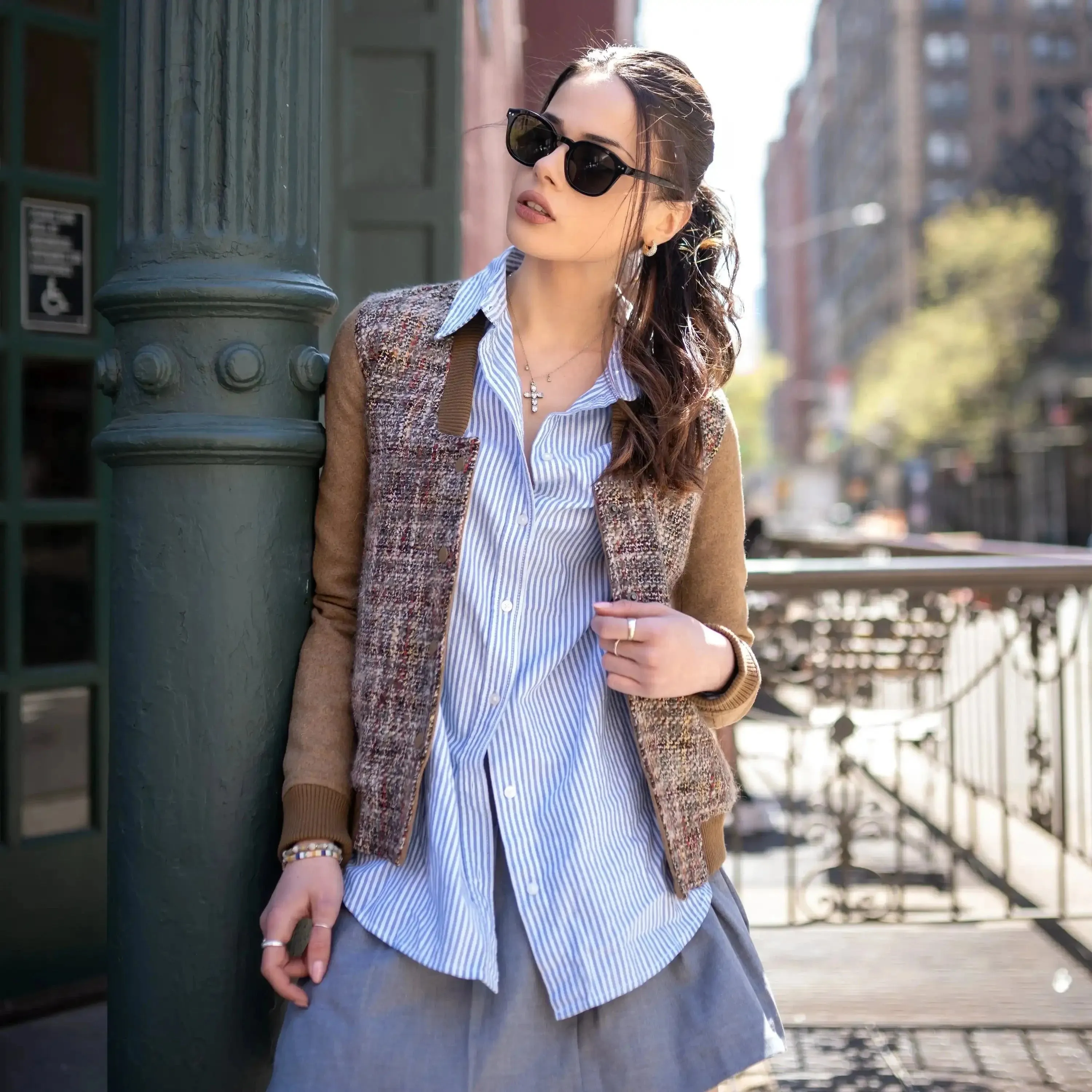 Women's Updated Tweed Varsity Jacket with Contrast Sleeve - FINAL SALE
