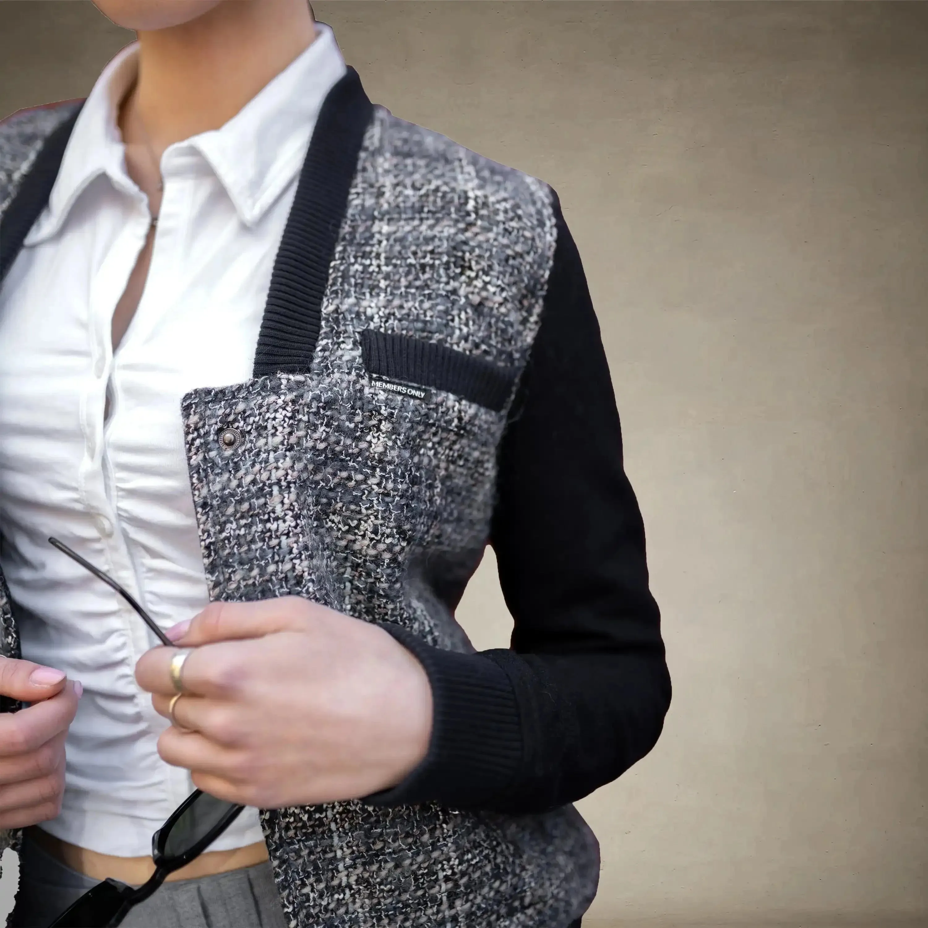 Women's Updated Tweed Varsity Jacket with Contrast Sleeve - FINAL SALE