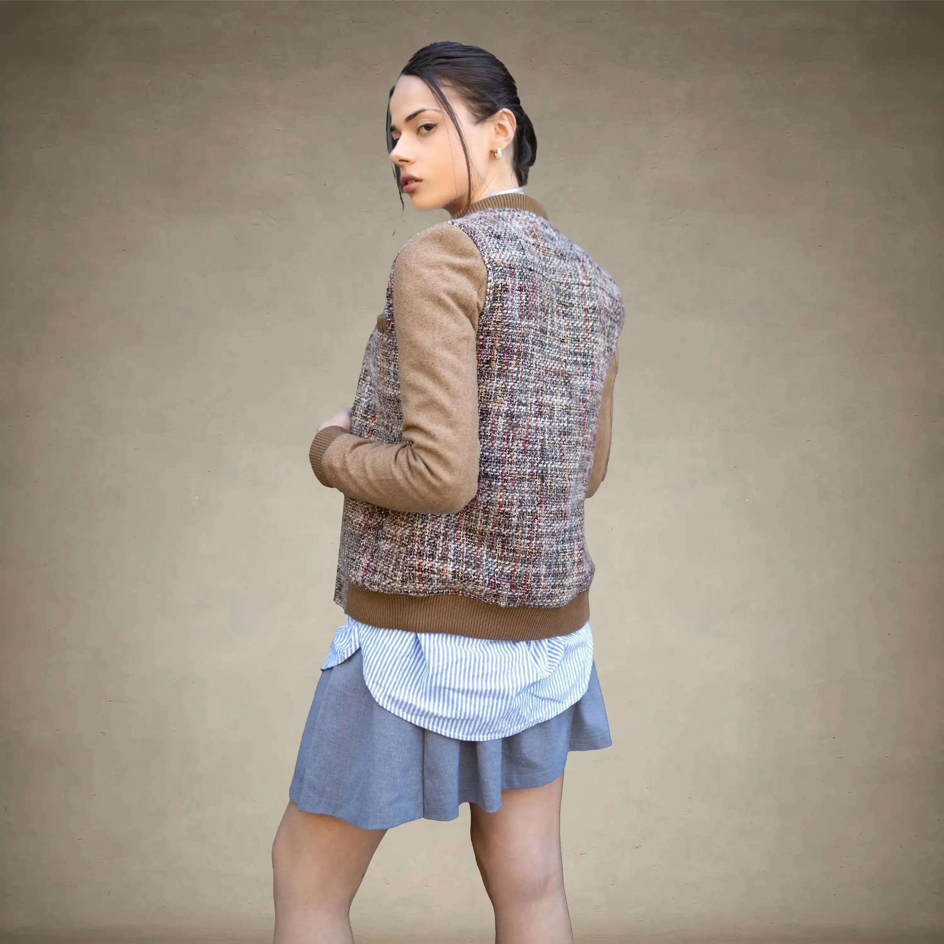 Women's Updated Tweed Varsity Jacket with Contrast Sleeve - FINAL SALE