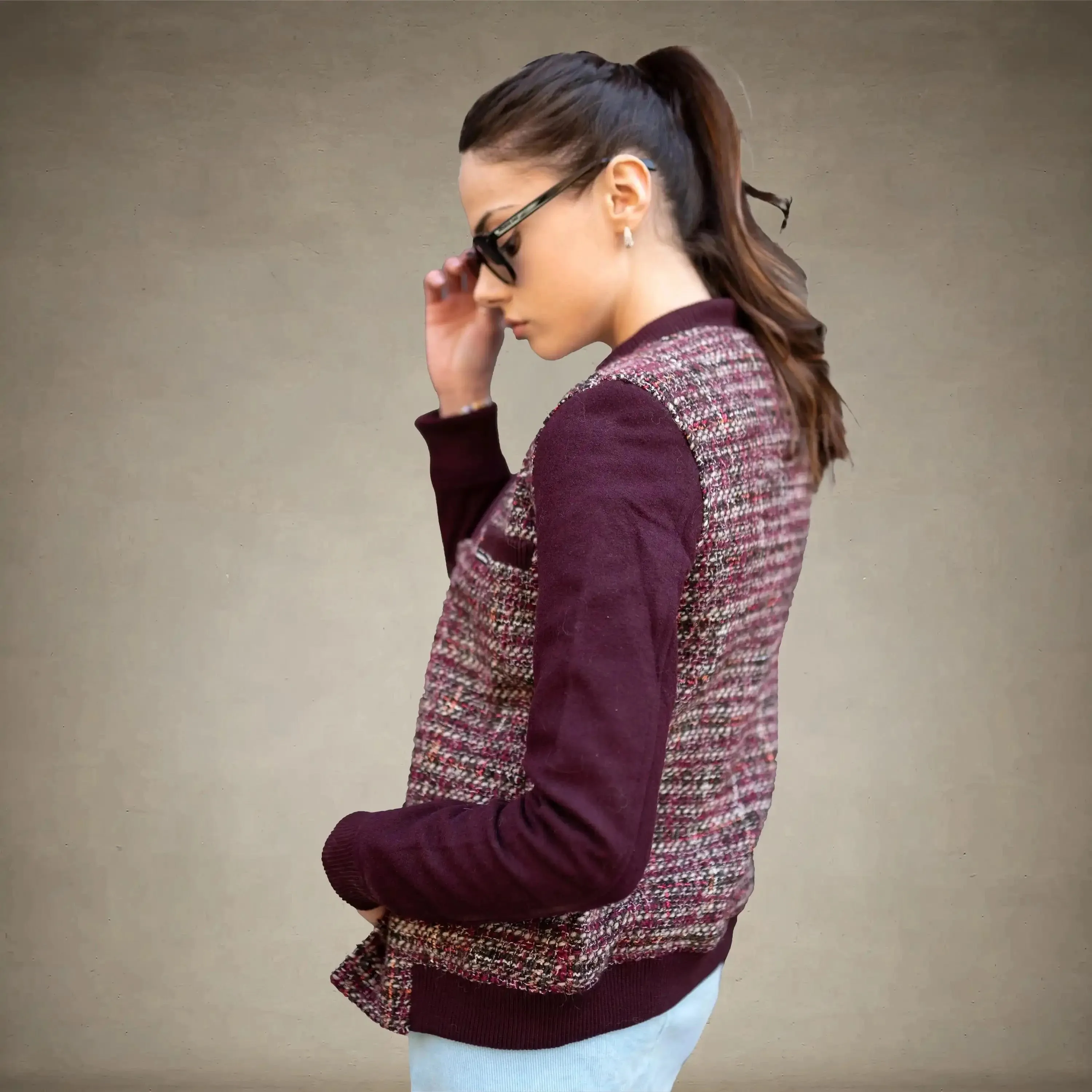 Women's Updated Tweed Varsity Jacket with Contrast Sleeve - FINAL SALE