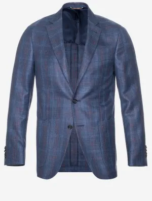 Wool Silk And Linen Check Jacket Blue