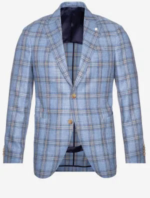 Wool Silk Linen Check Jacket Blue