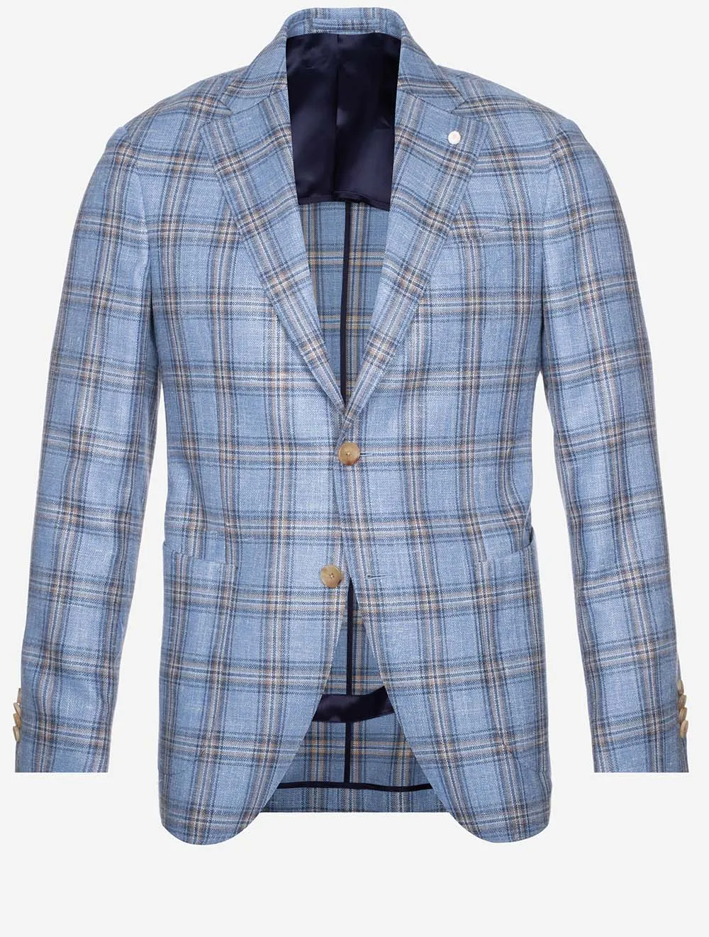 Wool Silk Linen Check Jacket Blue